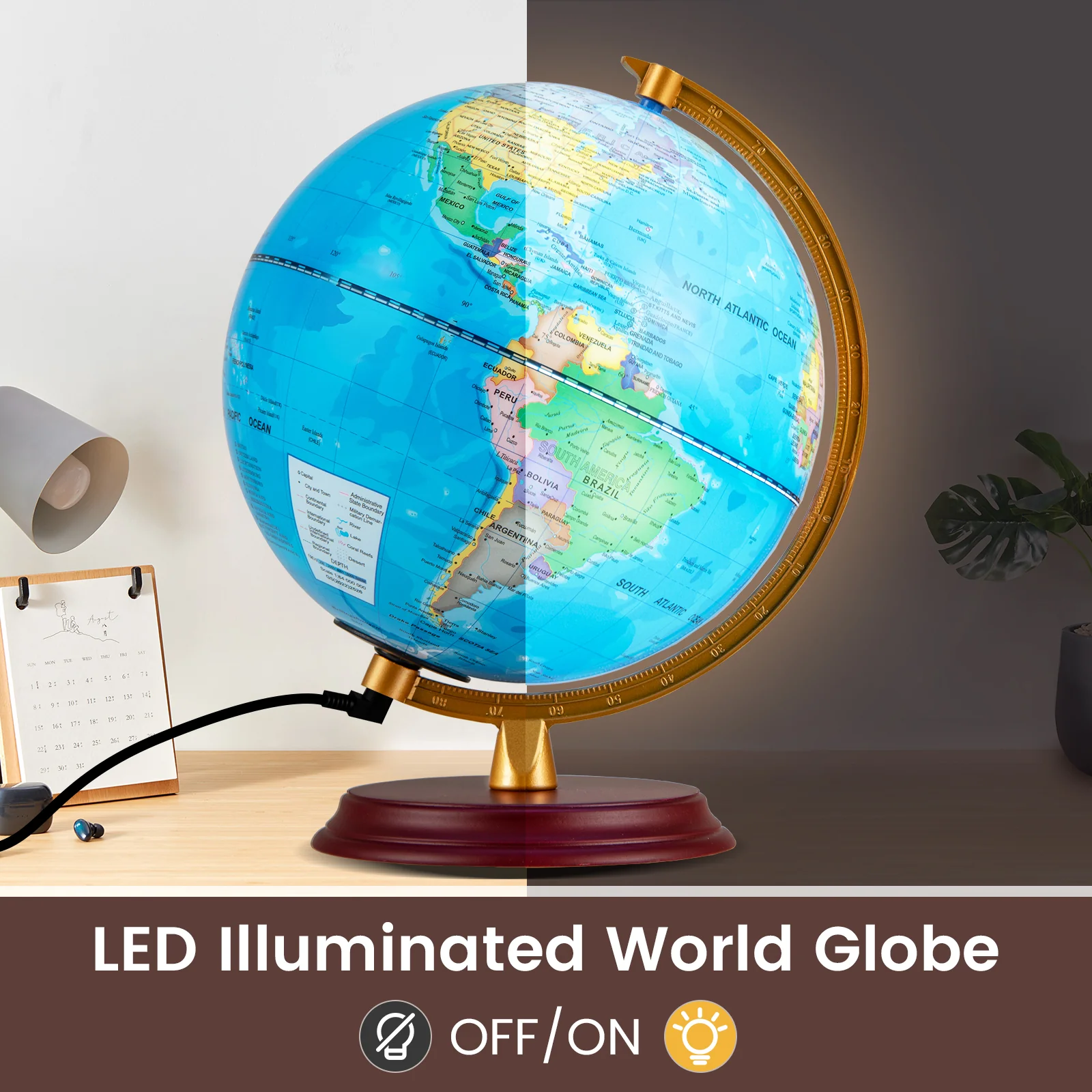 8 Inch Illuminated World Globe Night Light up Globe Lamp with Wooden Stand and HD Map - Image 6