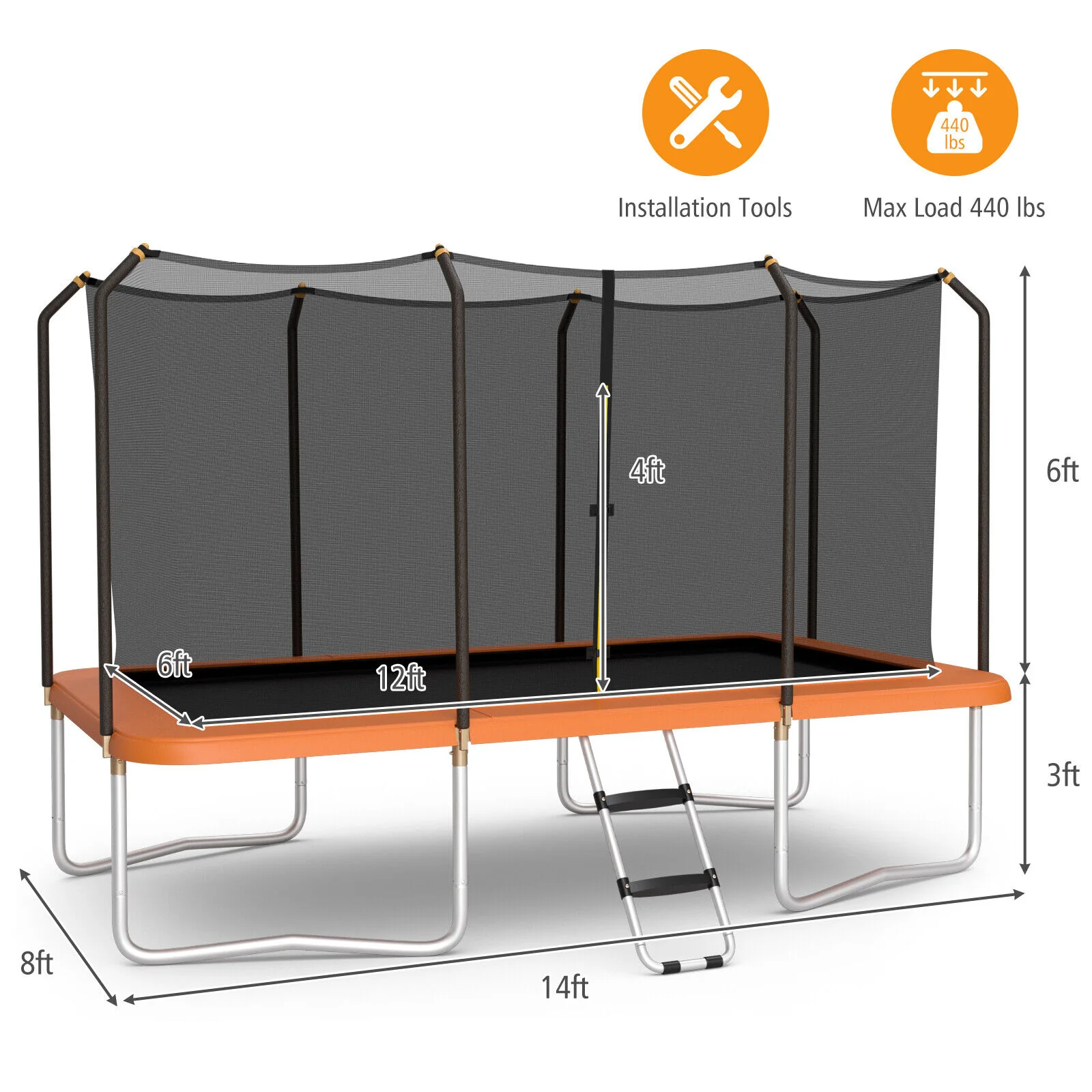 8 x 14 Feet Rectangular Recreational Trampoline with Safety Enclosure Net and Ladder - Image 12