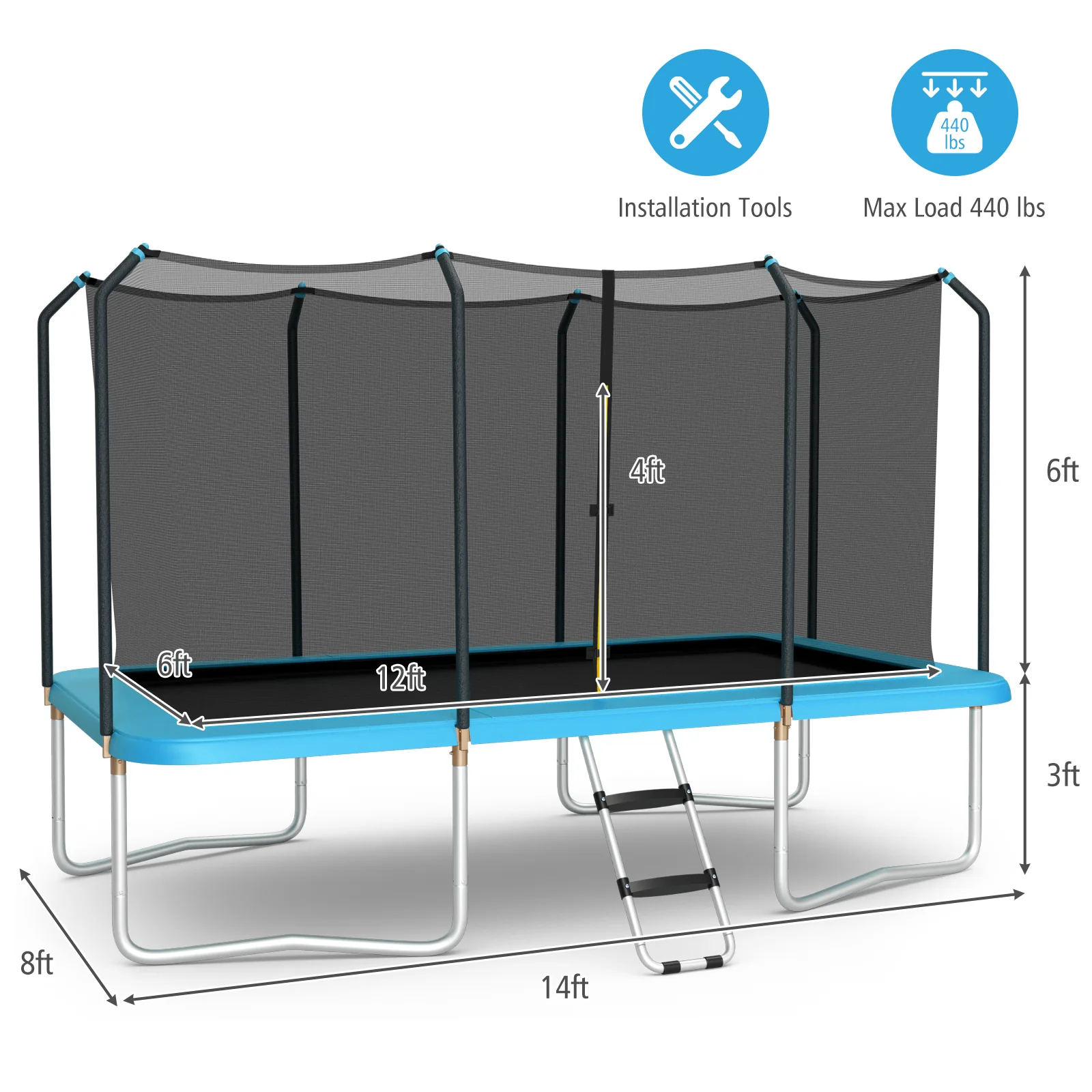 8 x 14 Feet Rectangular Recreational Trampoline with Safety Enclosure Net and Ladder - Image 4