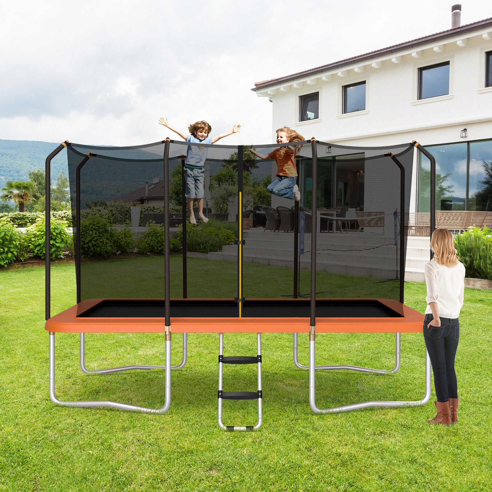 8 x 14 Feet Rectangular Recreational Trampoline with Safety Enclosure Net and Ladder - Image 9