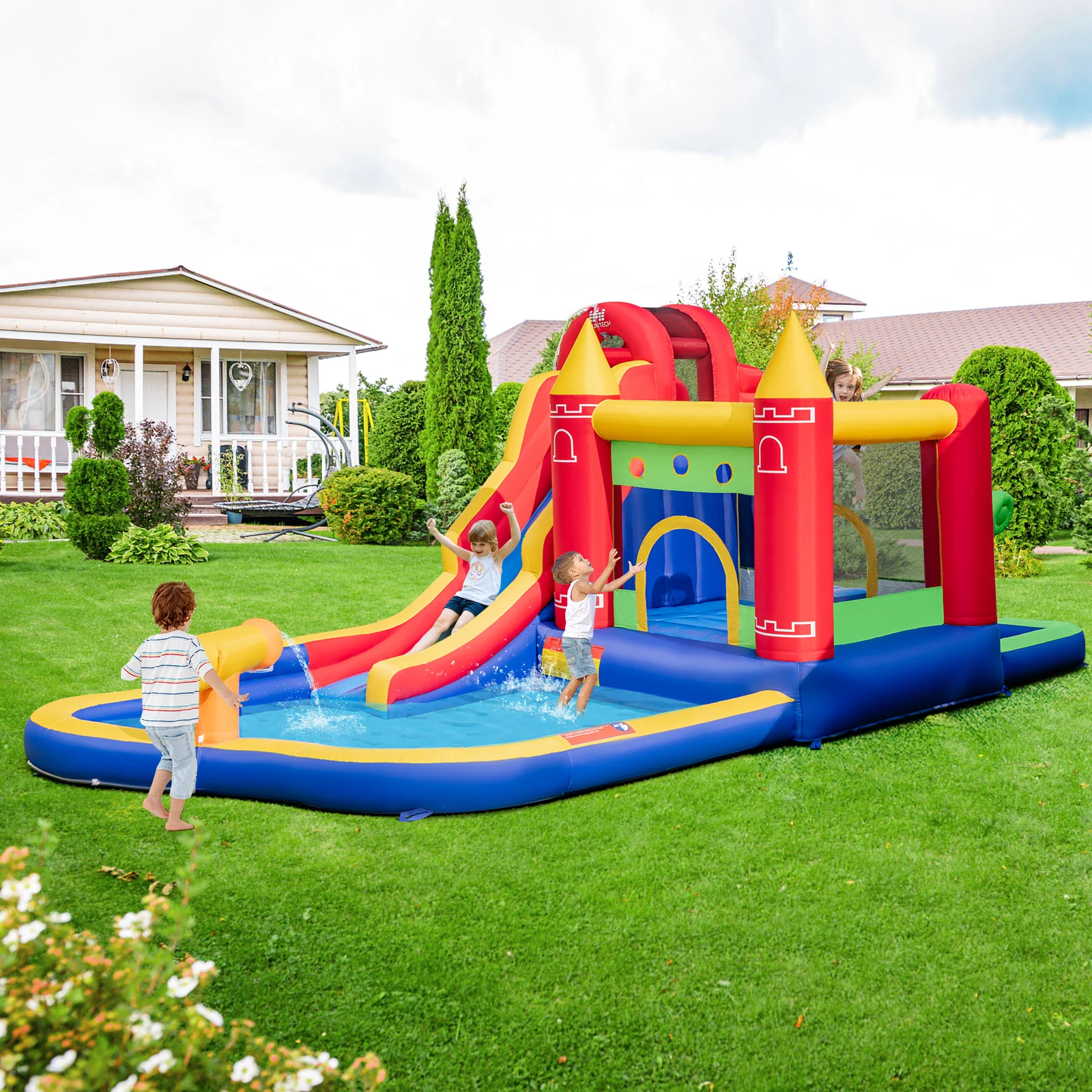 9-in-1 Inflatable Bounce Castle with Water Slide and Splash Pool with 735W Blower - Image 2