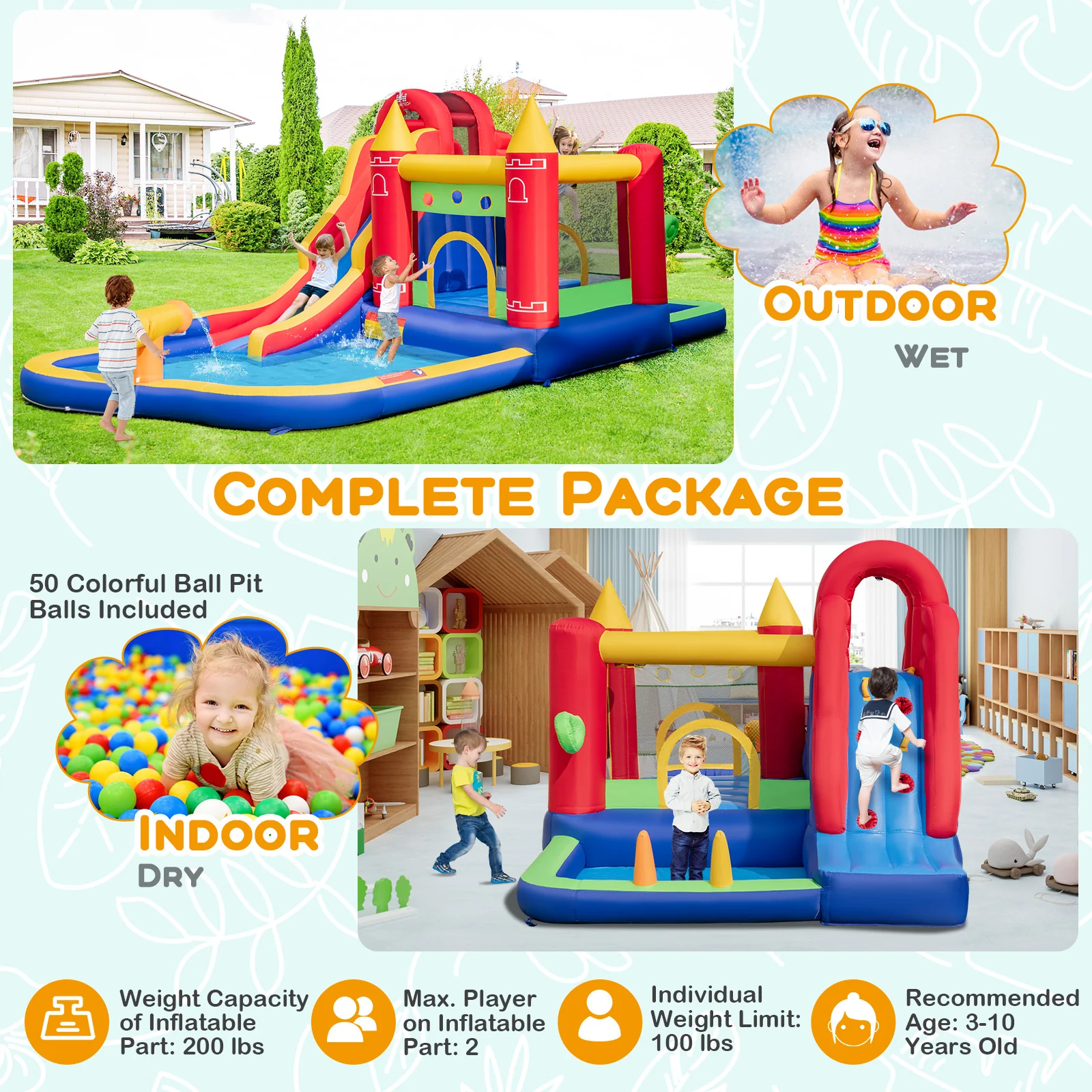 9-in-1 Inflatable Bounce Castle with Water Slide and Splash Pool with 735W Blower - Image 5