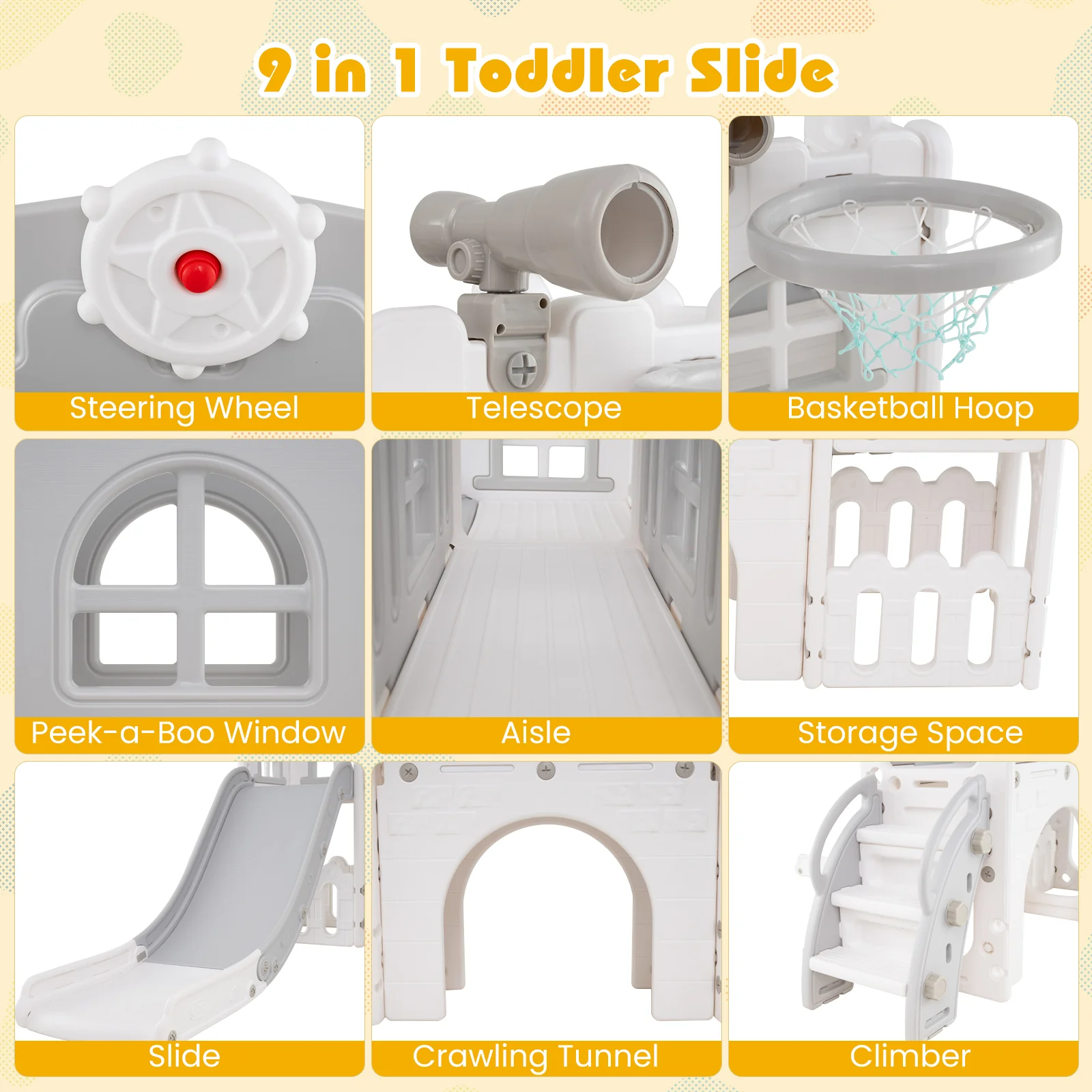 9-in-1 Toddler Slide L-Shaped with Basketball Hoop and Steering Wheel - Image 15