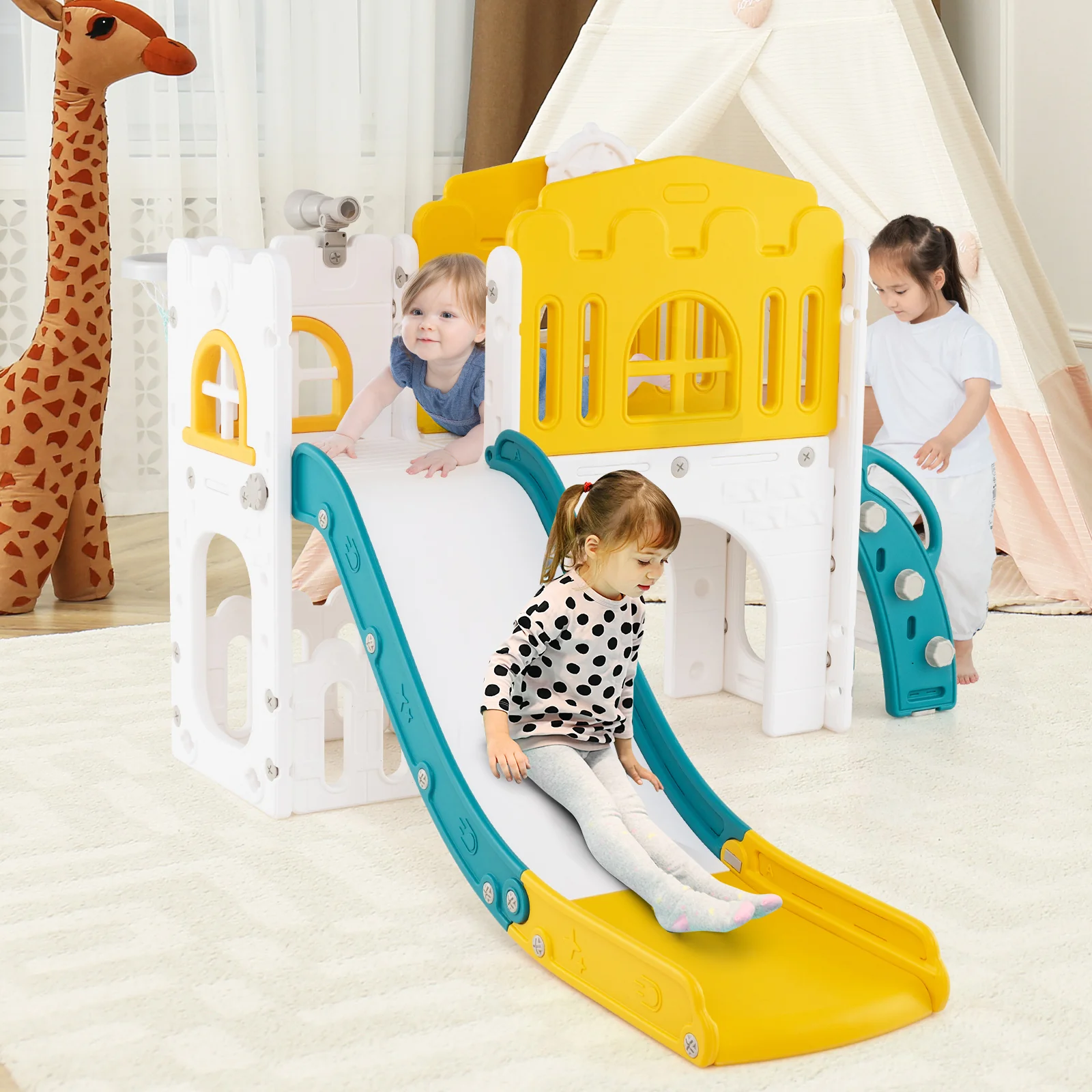 9-in-1 Toddler Slide L-Shaped with Basketball Hoop and Steering Wheel - Image 2