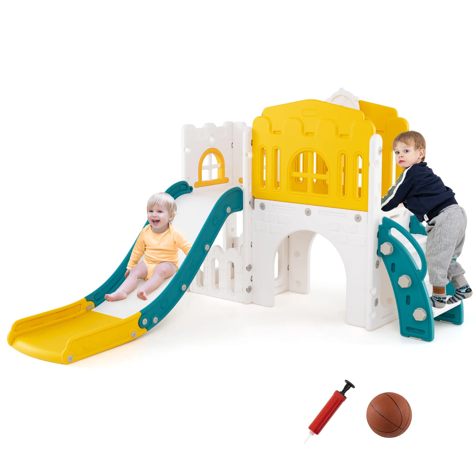 9-in-1 Toddler Slide L-Shaped with Basketball Hoop and Steering Wheel - Image 4