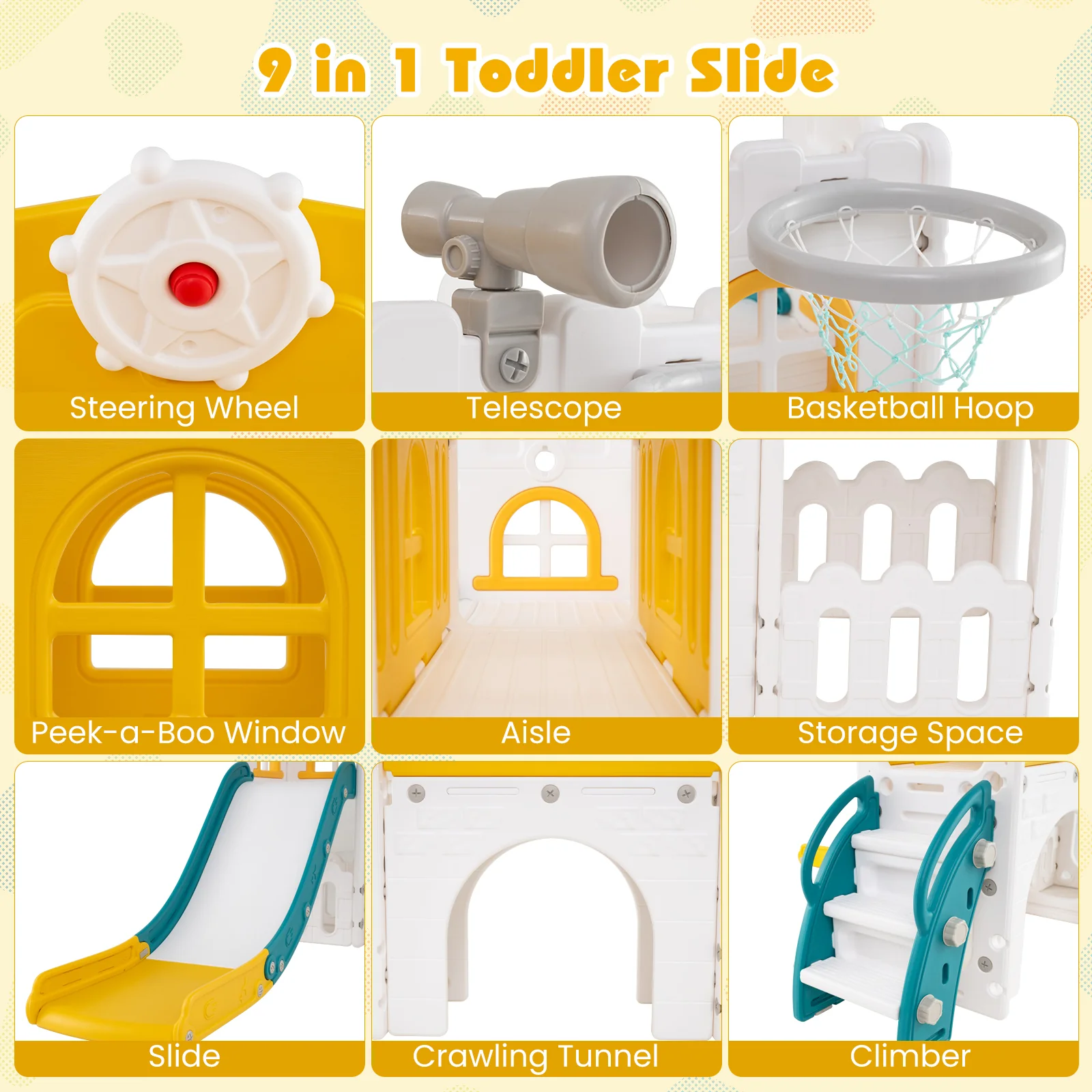 9-in-1 Toddler Slide L-Shaped with Basketball Hoop and Steering Wheel - Image 7