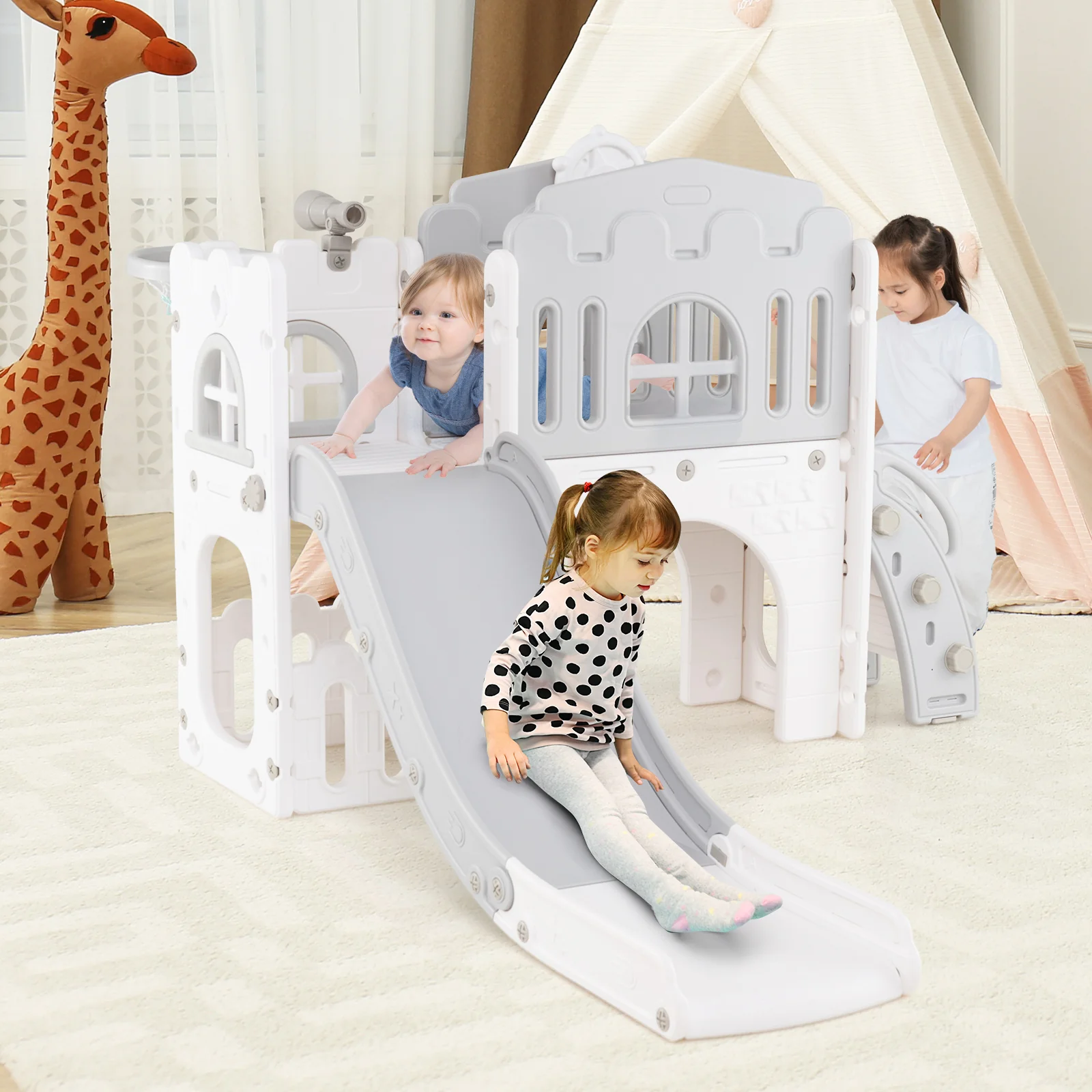 9-in-1 Toddler Slide L-Shaped with Basketball Hoop and Steering Wheel - Image 9
