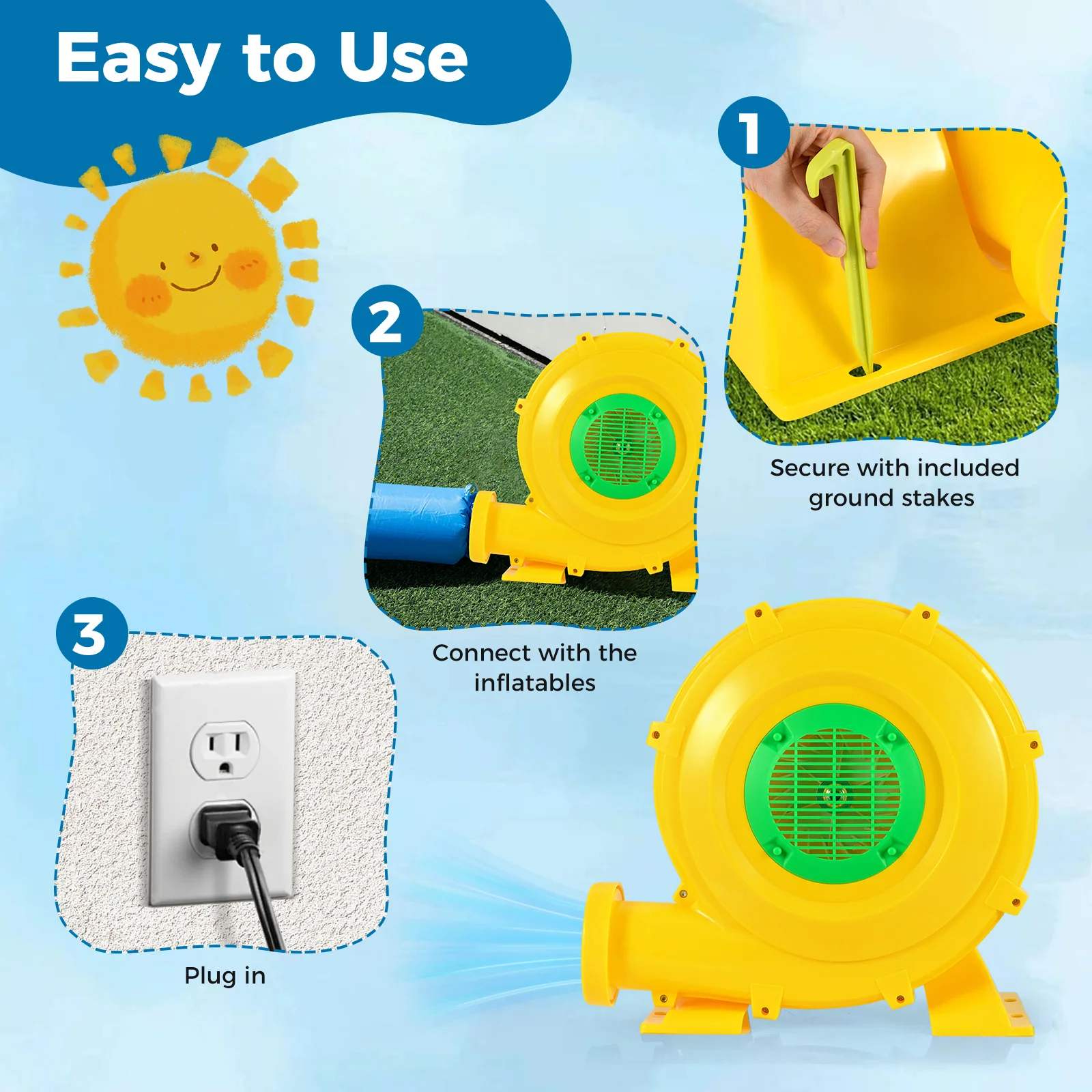 980W Bounce House Blower 1.31 HP Portable Air Pump Fan with Handle and Ground Stakes - Image 8
