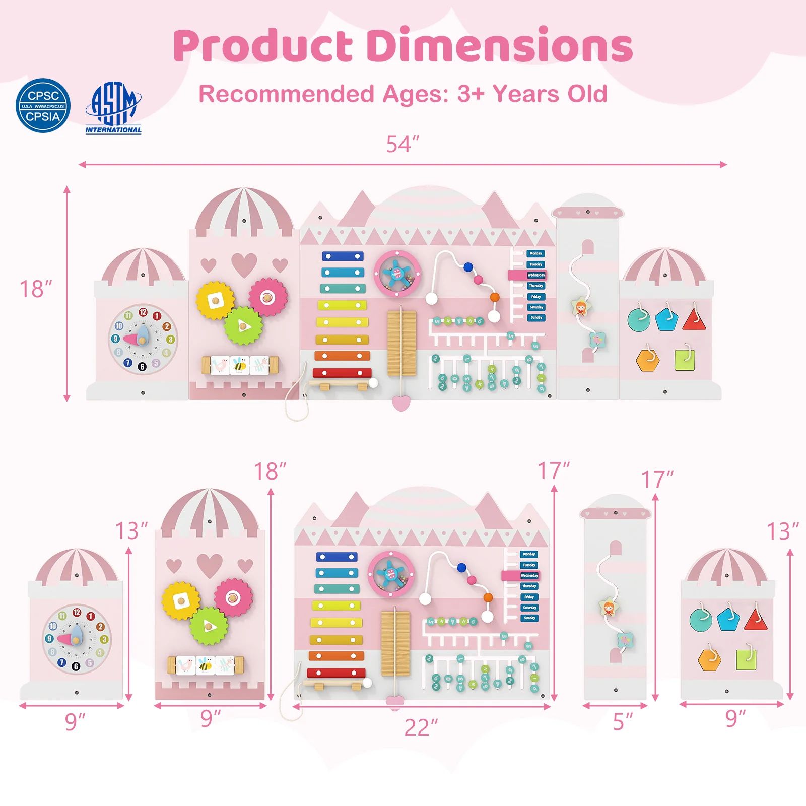 Activity Wall Busy Board Panels for Toddlers Wooden Sensory Board-Pink - Image 5