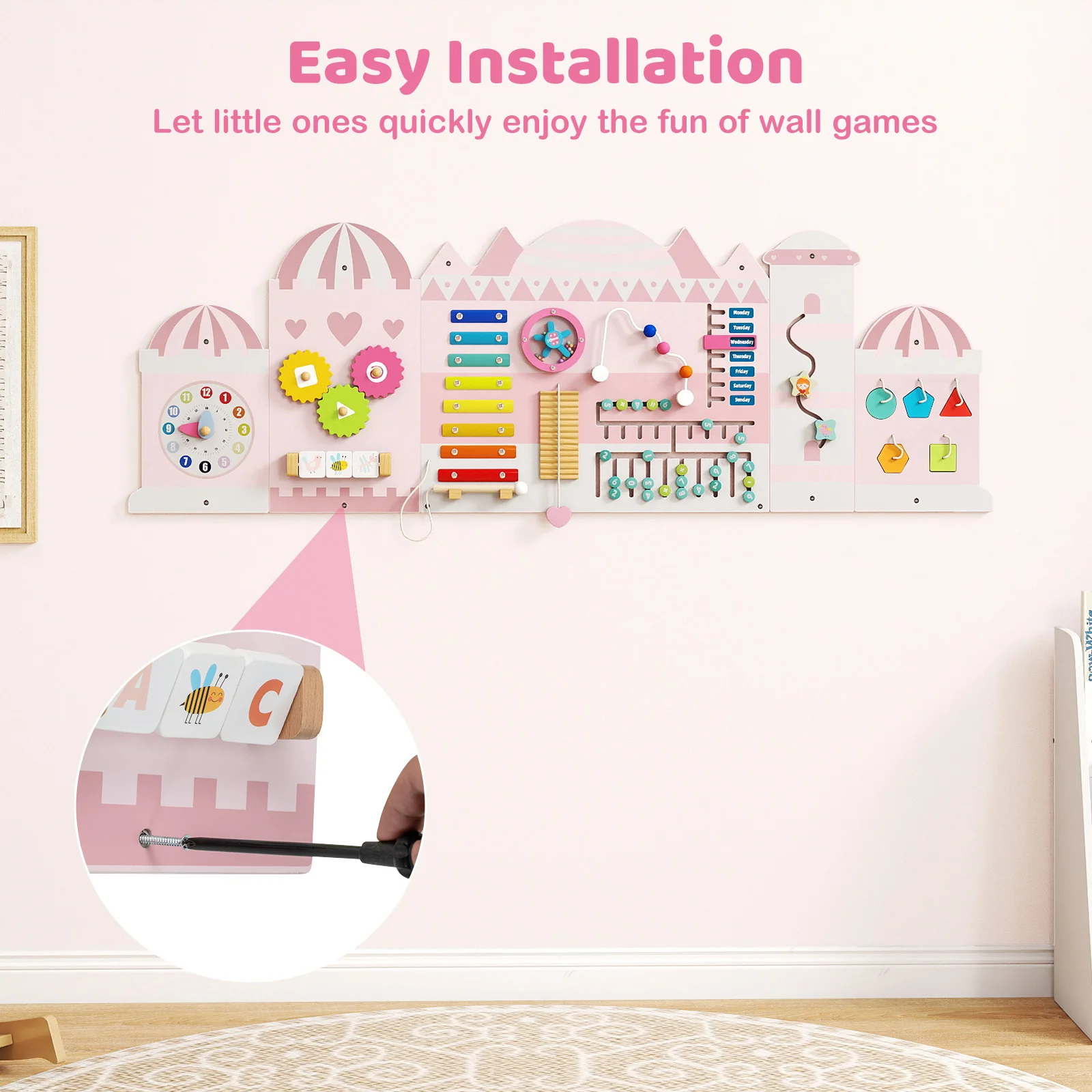 Activity Wall Busy Board Panels for Toddlers Wooden Sensory Board-Pink - Image 8