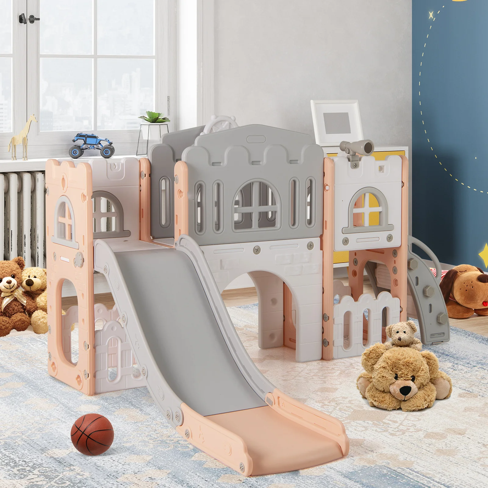 All-in-1 Toddler Slide Playset Playground with Tunnel and Ladder and Basketball - Image 10