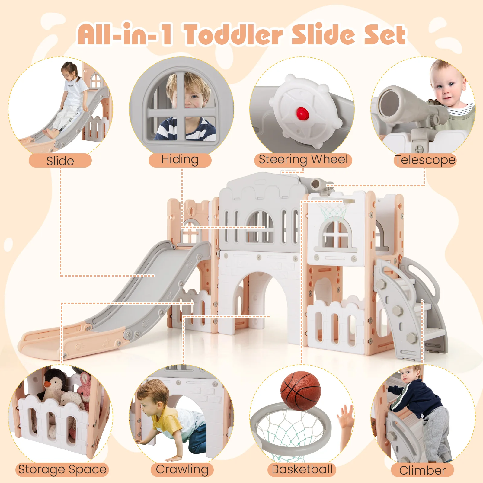 All-in-1 Toddler Slide Playset Playground with Tunnel and Ladder and Basketball - Image 15