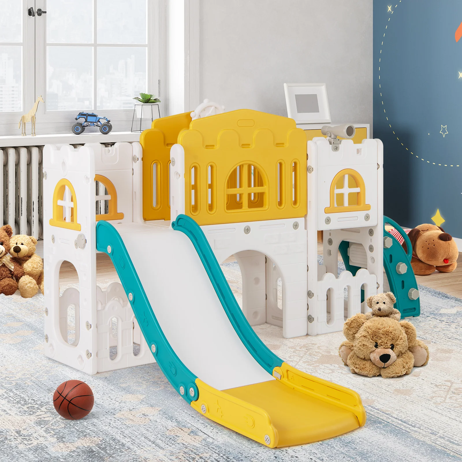 All-in-1 Toddler Slide Playset Playground with Tunnel and Ladder and Basketball - Image 2