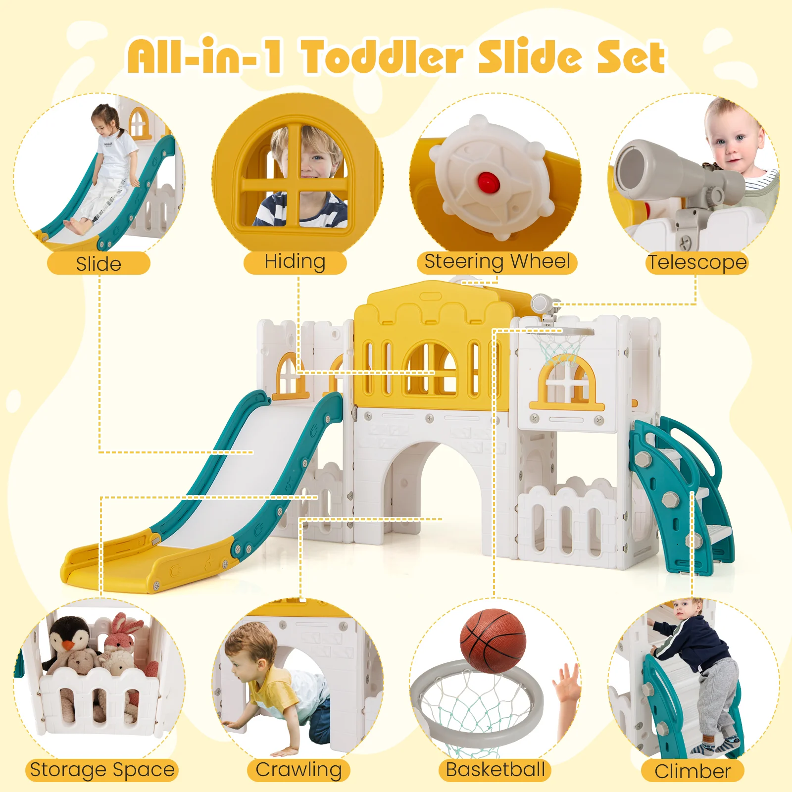 All-in-1 Toddler Slide Playset Playground with Tunnel and Ladder and Basketball - Image 7