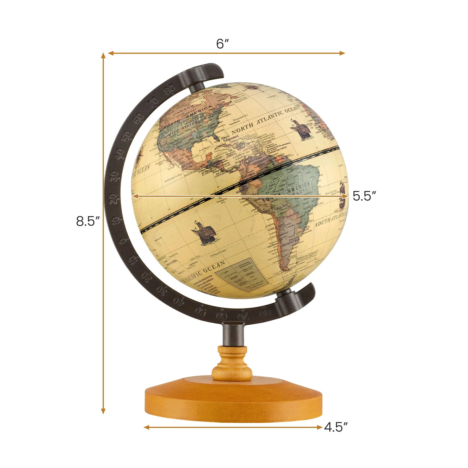 Antique Globe Dia 5.5 Inch Mini Rotating World Globe with Wooden Base-Brozen - Image 4