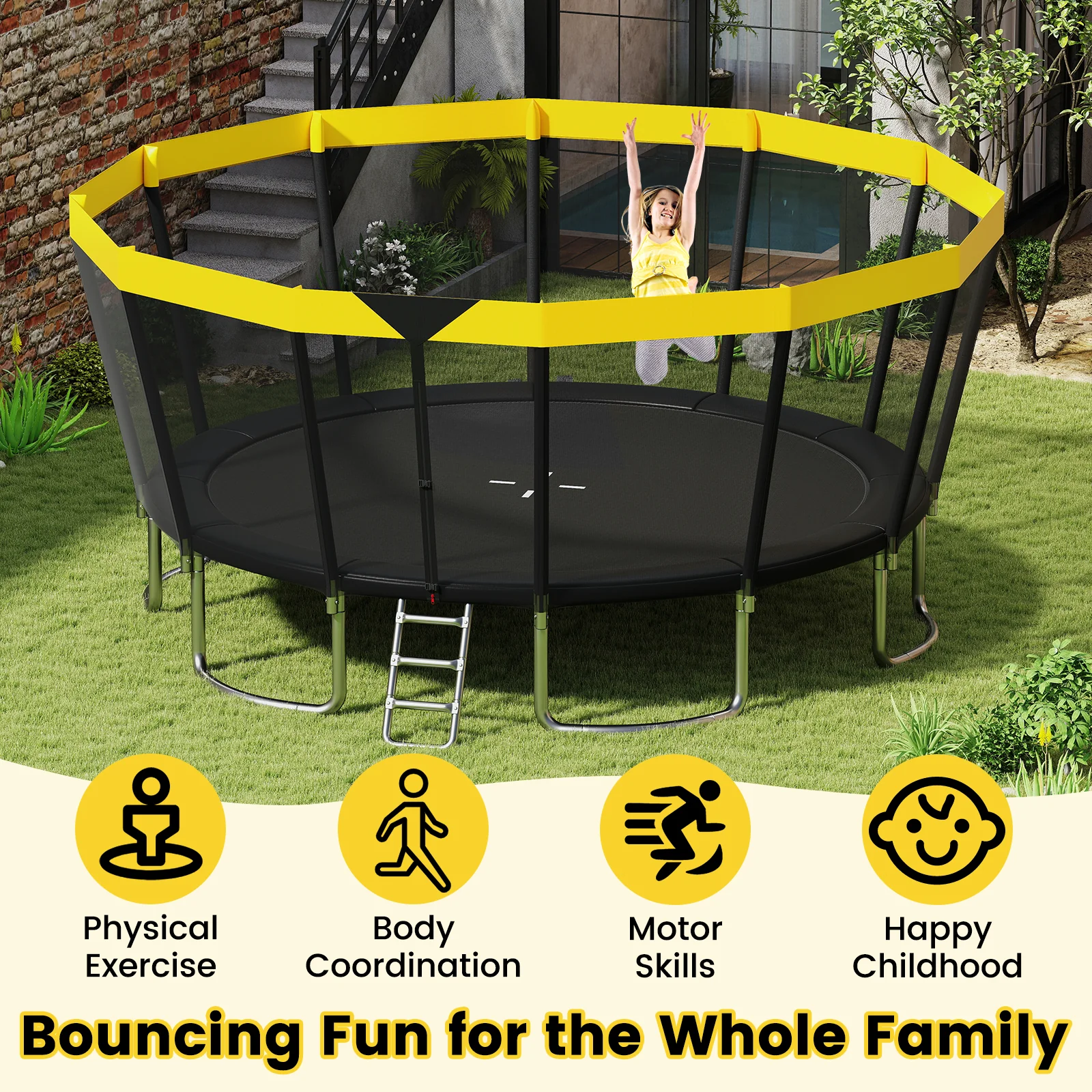 ASTM Compliant Recreational Trampoline with Non-Slip Ladder-Yellow - Image 5