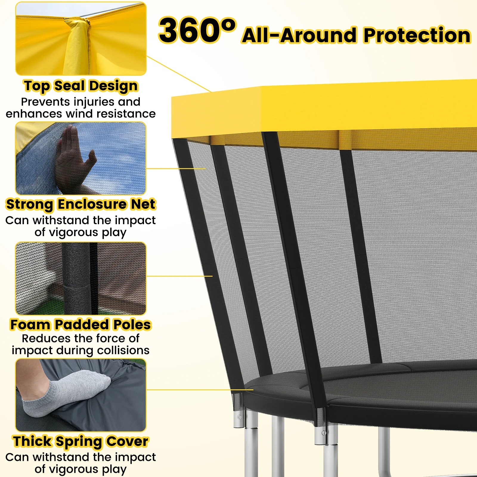 ASTM Compliant Recreational Trampoline with Non-Slip Ladder-Yellow - Image 7