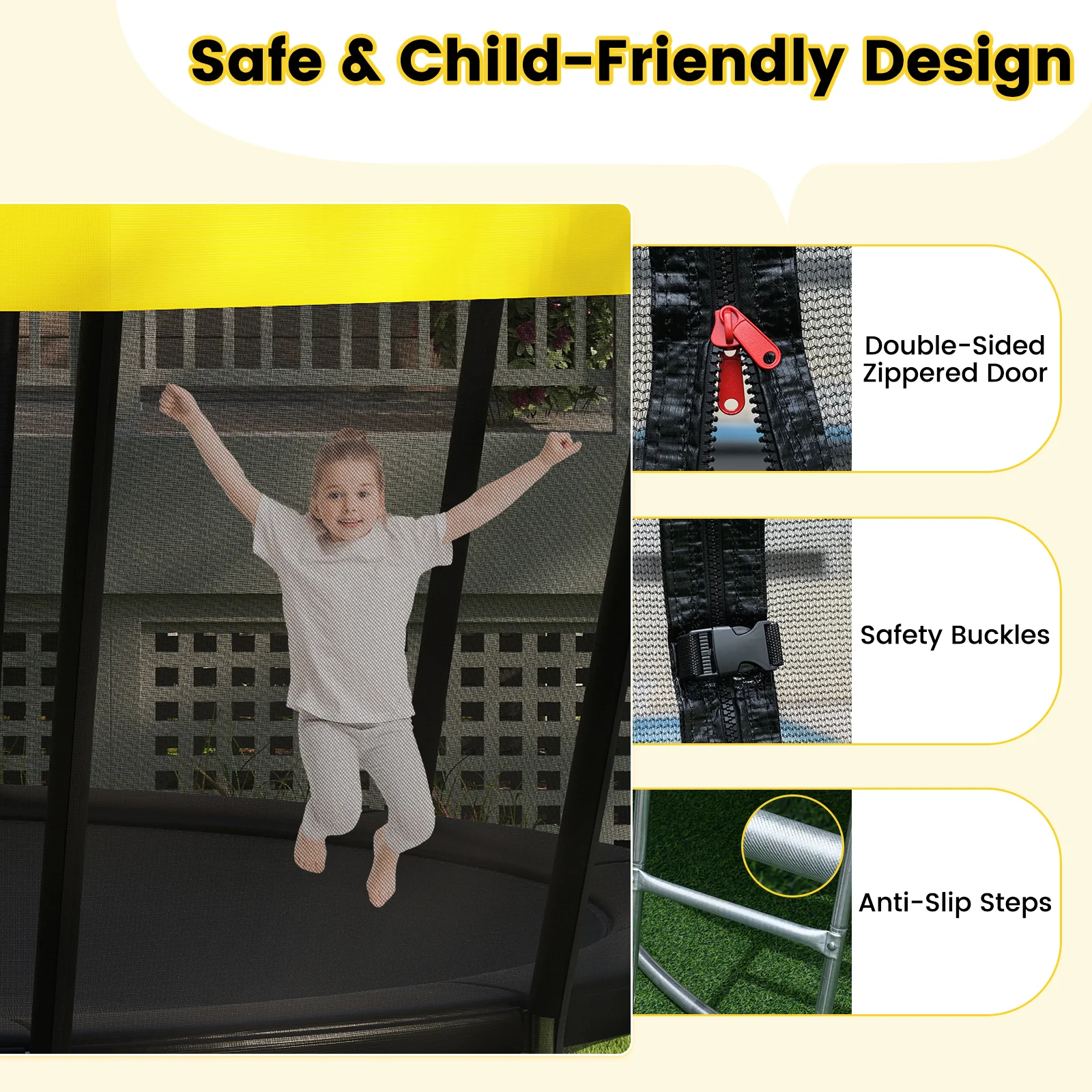ASTM Compliant Recreational Trampoline with Non-Slip Ladder-Yellow - Image 8