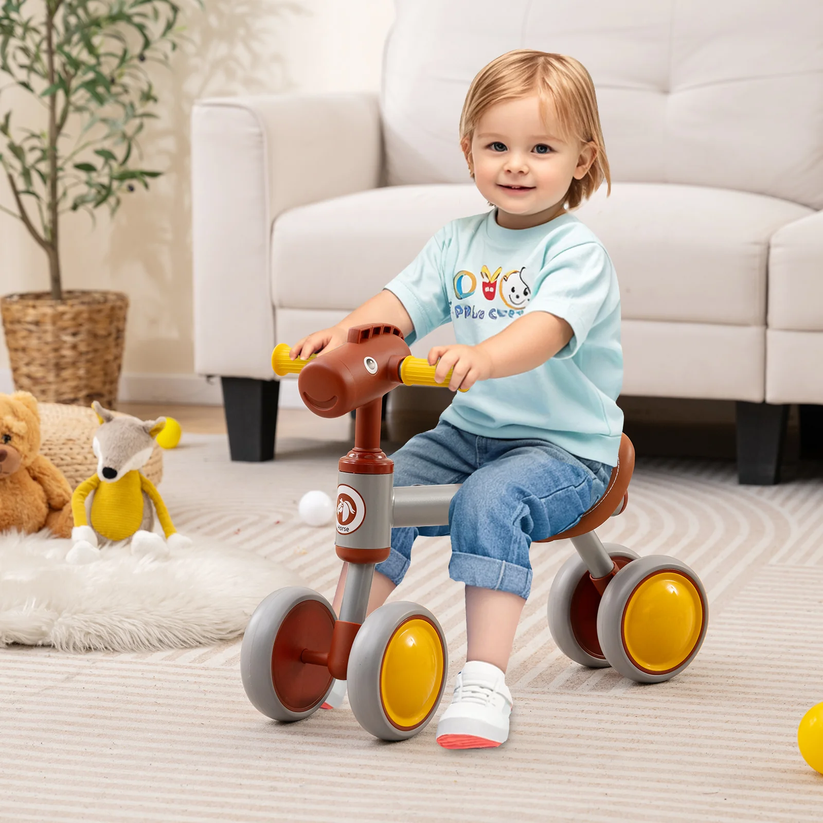 Baby Balance Bike No Pedal 4-Wheel Bicycle-Brown - Image 2