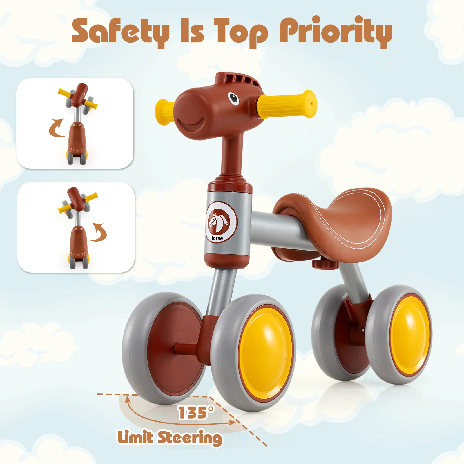 Baby Balance Bike No Pedal 4-Wheel Bicycle-Brown - Image 4