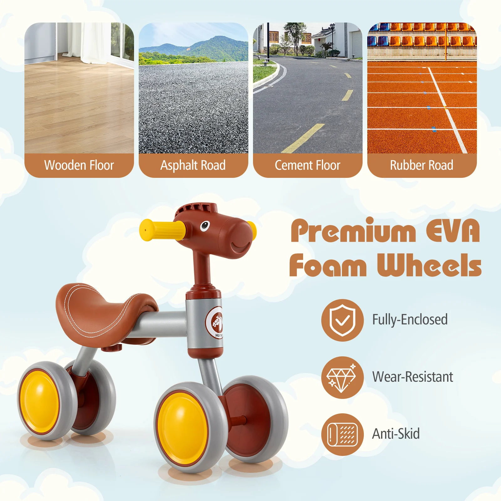 Baby Balance Bike No Pedal 4-Wheel Bicycle-Brown - Image 5