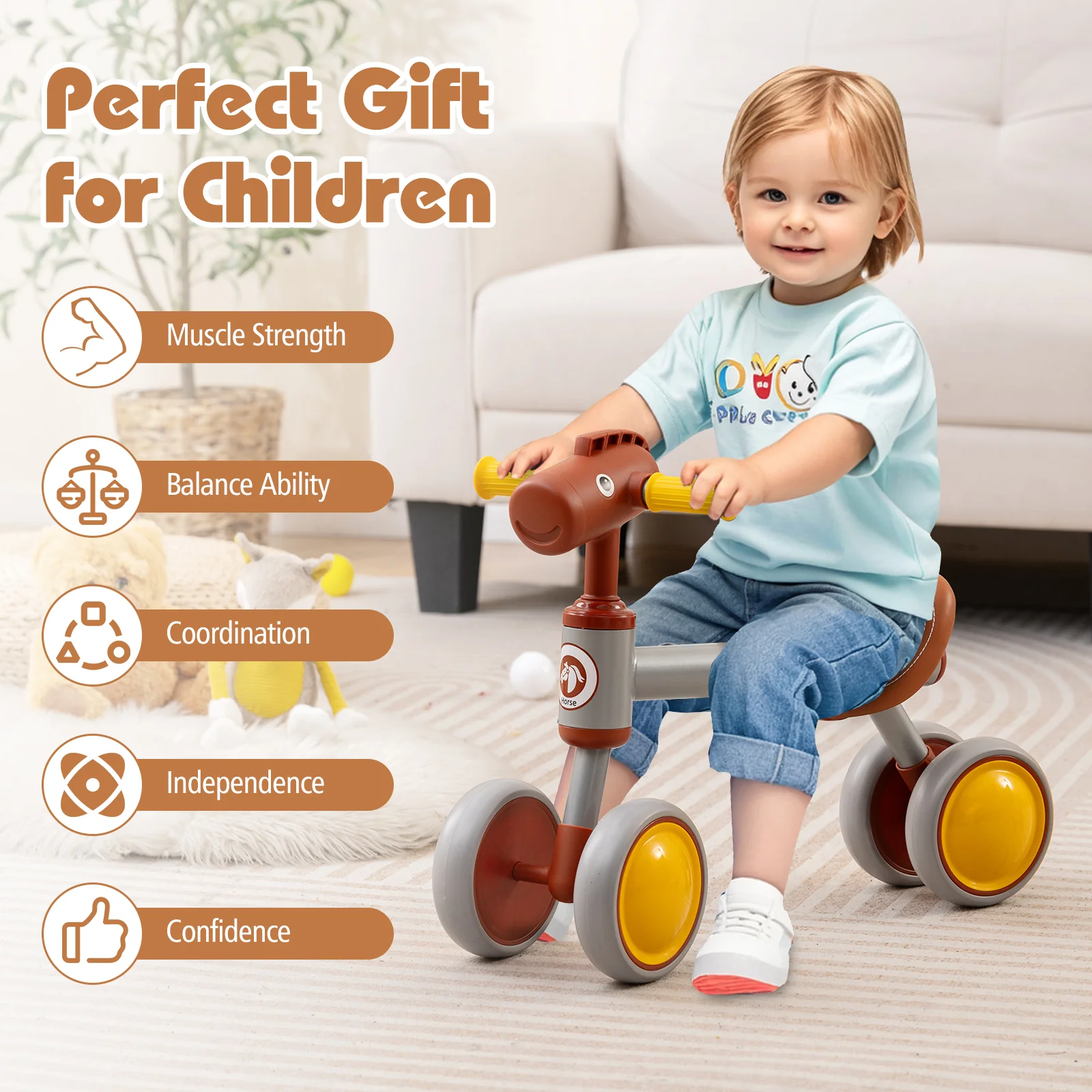 Baby Balance Bike No Pedal 4-Wheel Bicycle-Brown - Image 8