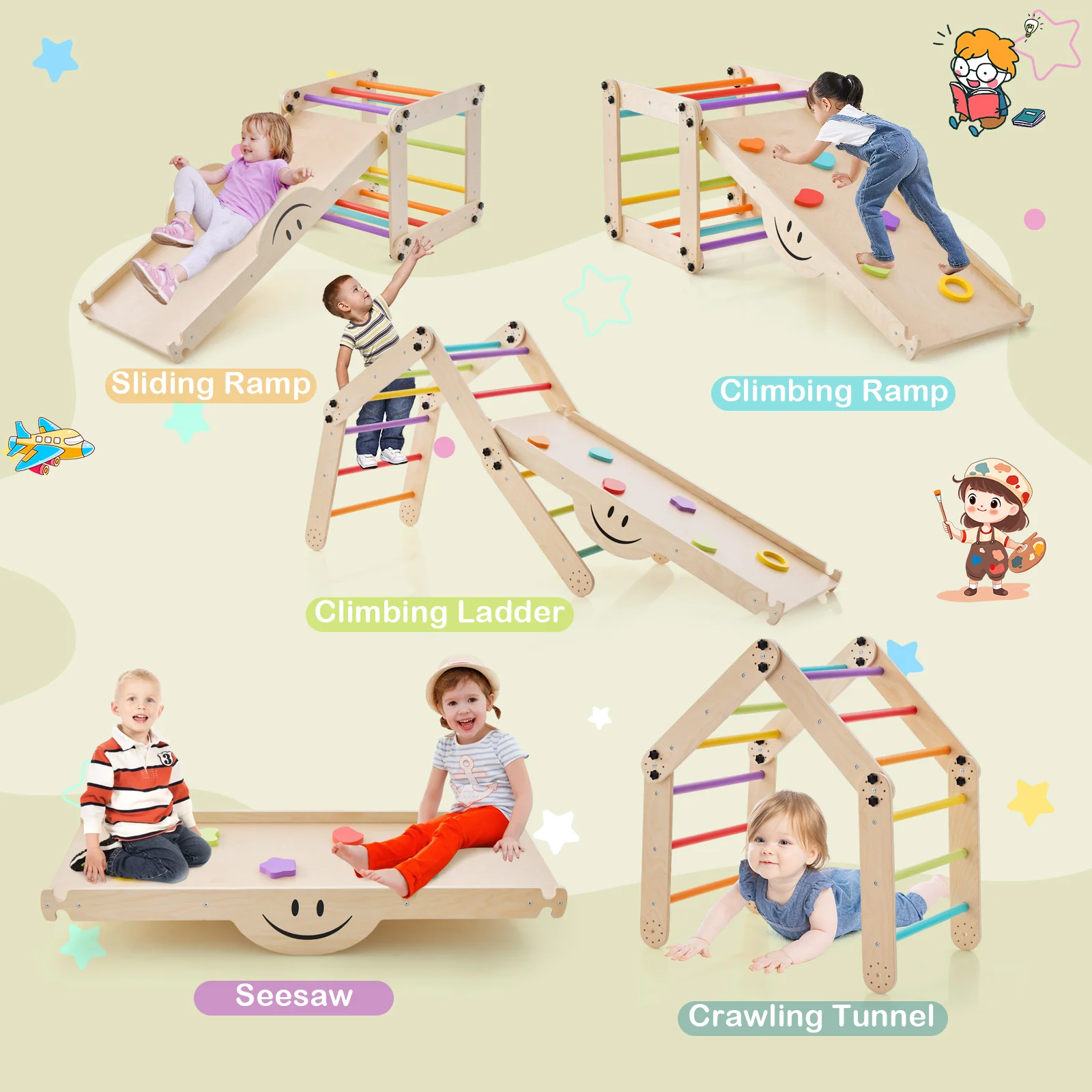 Climbing Triangle Ladder Toy Indoor Jungle Gym with Reversible Ramp-Multicolor - Image 6