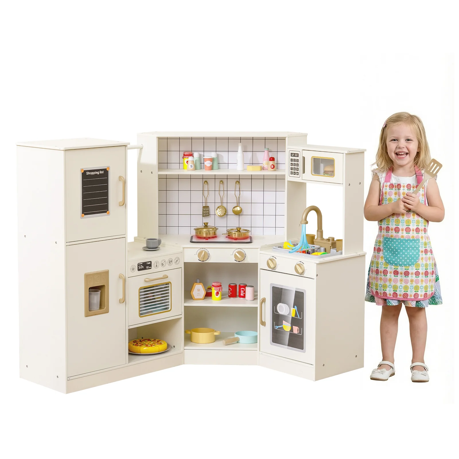 Corner Kids Play Kitchen with Stoves with Lights and Sounds-Beige - Image 2