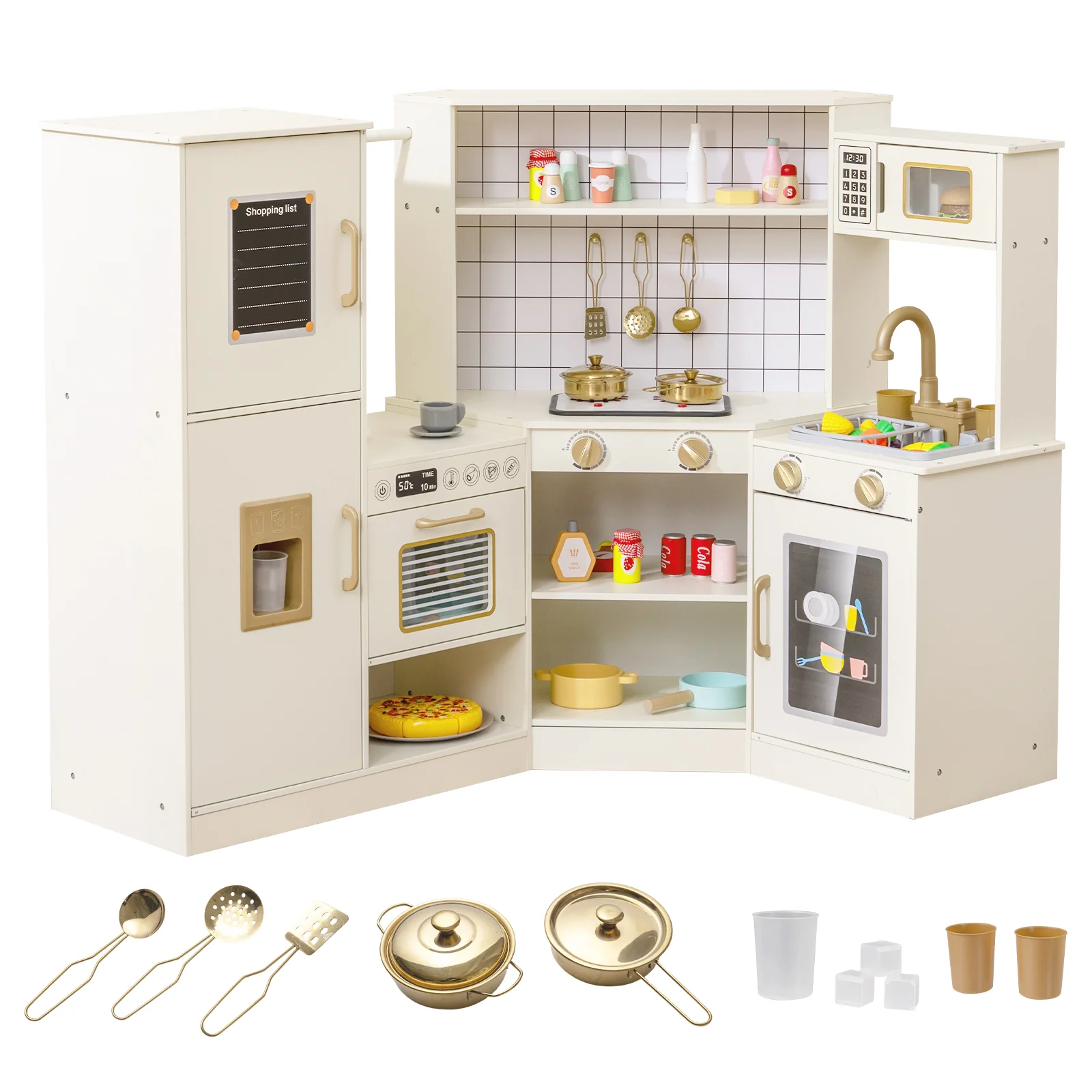 Corner Kids Play Kitchen with Stoves with Lights and Sounds-Beige - Image 3