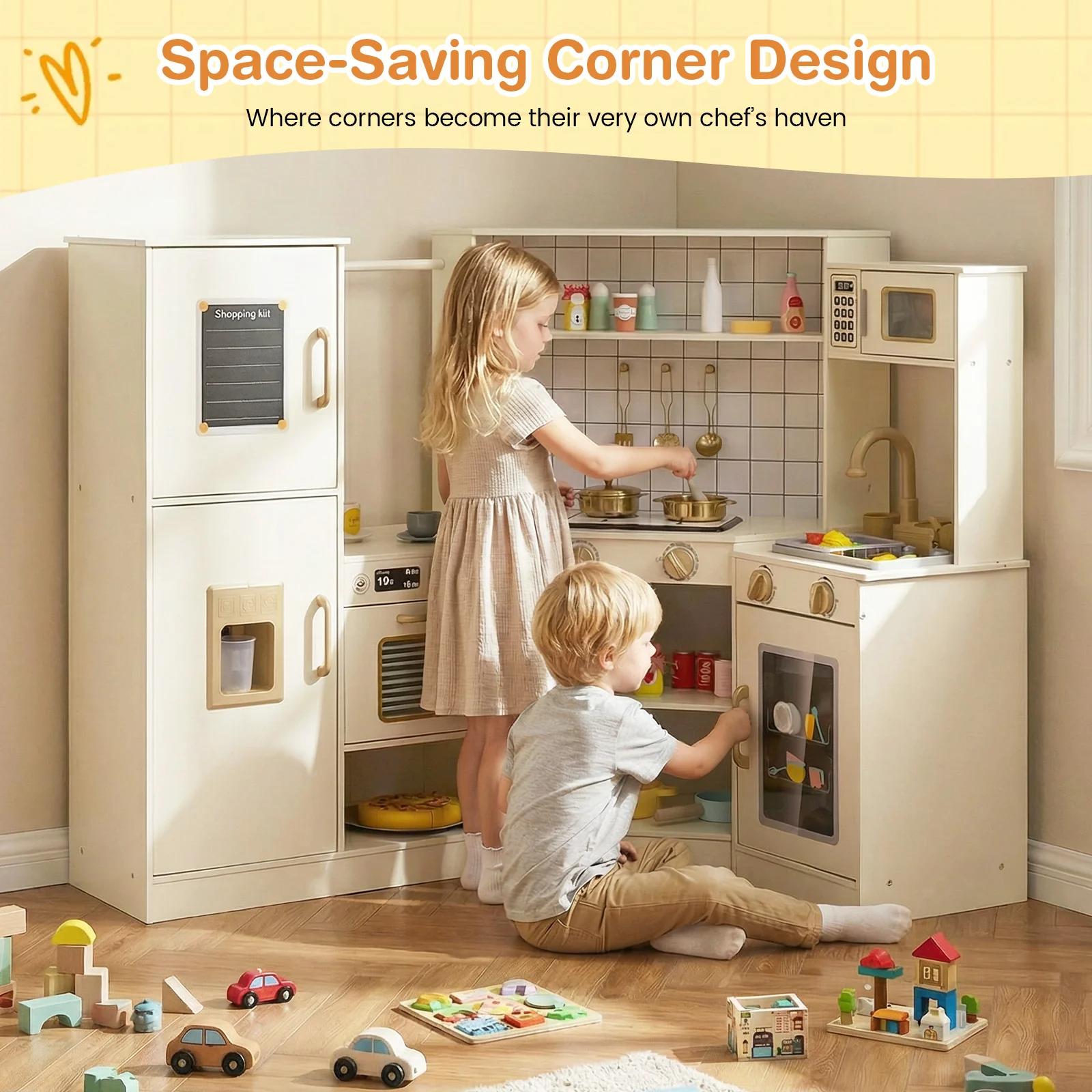 Corner Kids Play Kitchen with Stoves with Lights and Sounds-Beige - Image 5