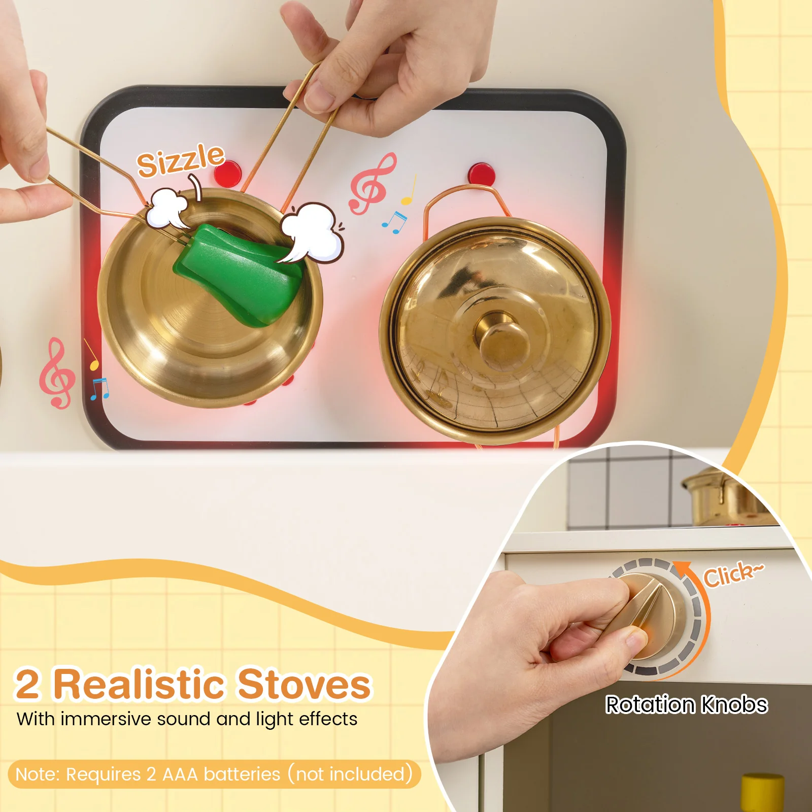 Corner Kids Play Kitchen with Stoves with Lights and Sounds-Beige - Image 6