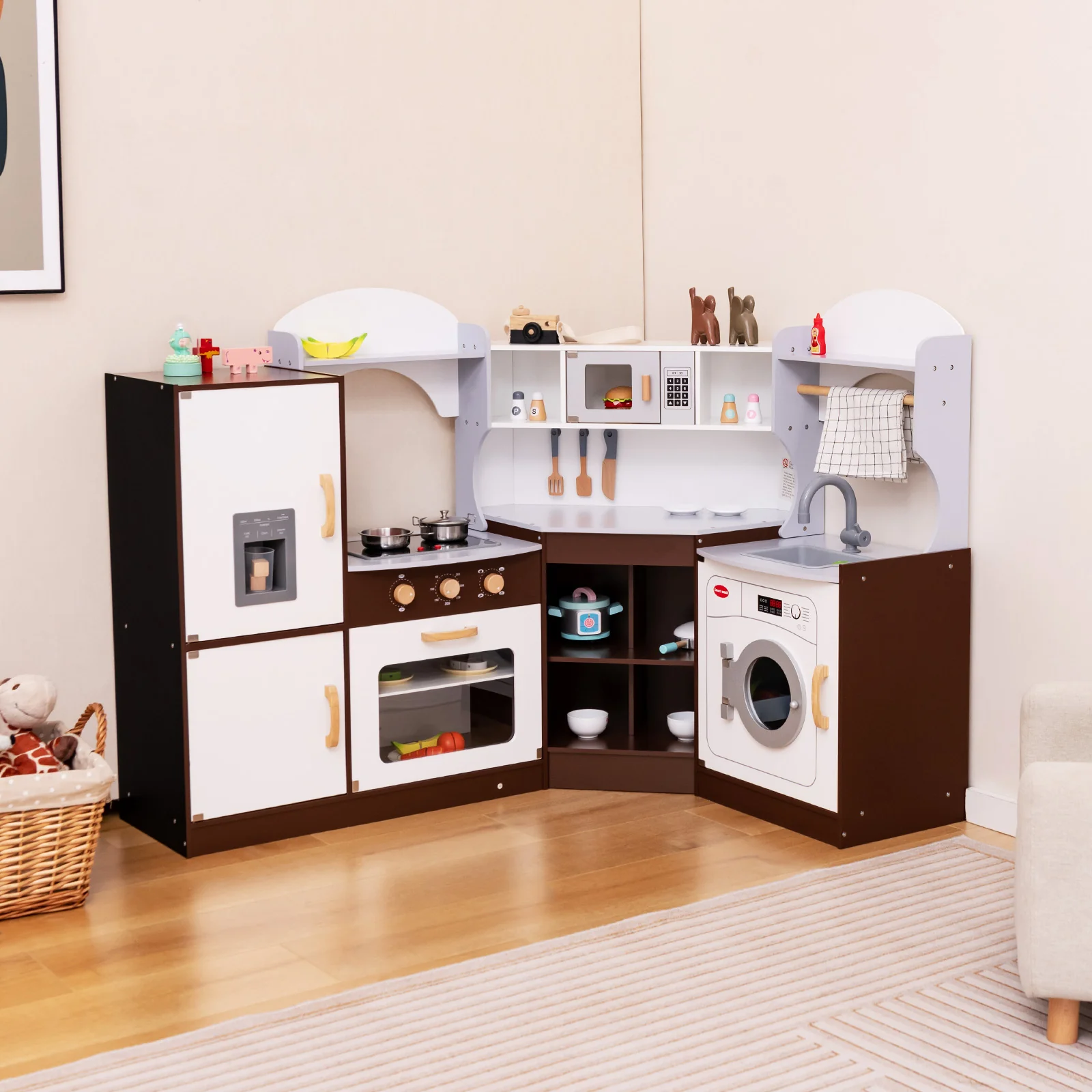Corner Kids Play Kitchen with Washing Machine and Ice Maker Gift for Boys Girls - Image 10