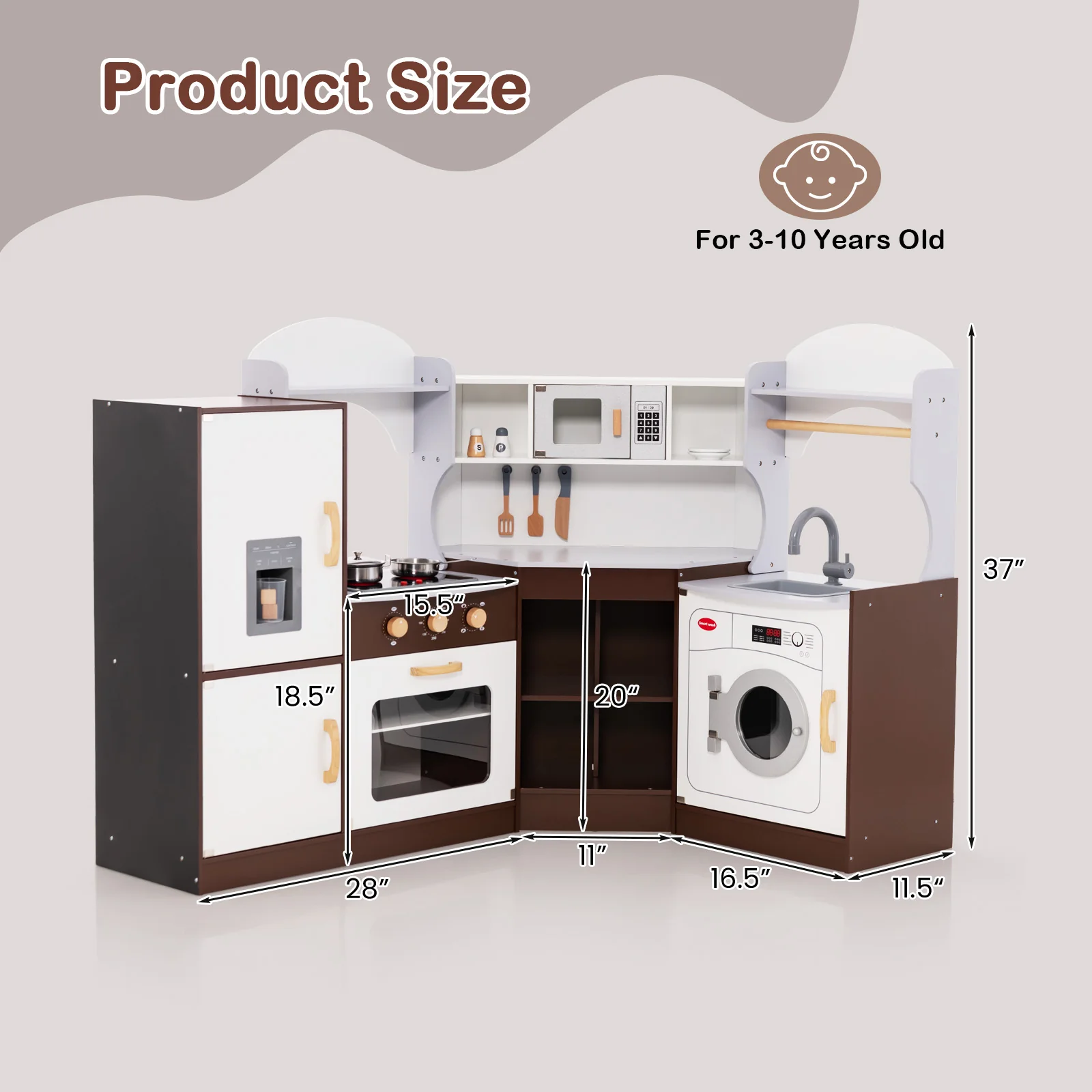 Corner Kids Play Kitchen with Washing Machine and Ice Maker Gift for Boys Girls - Image 12