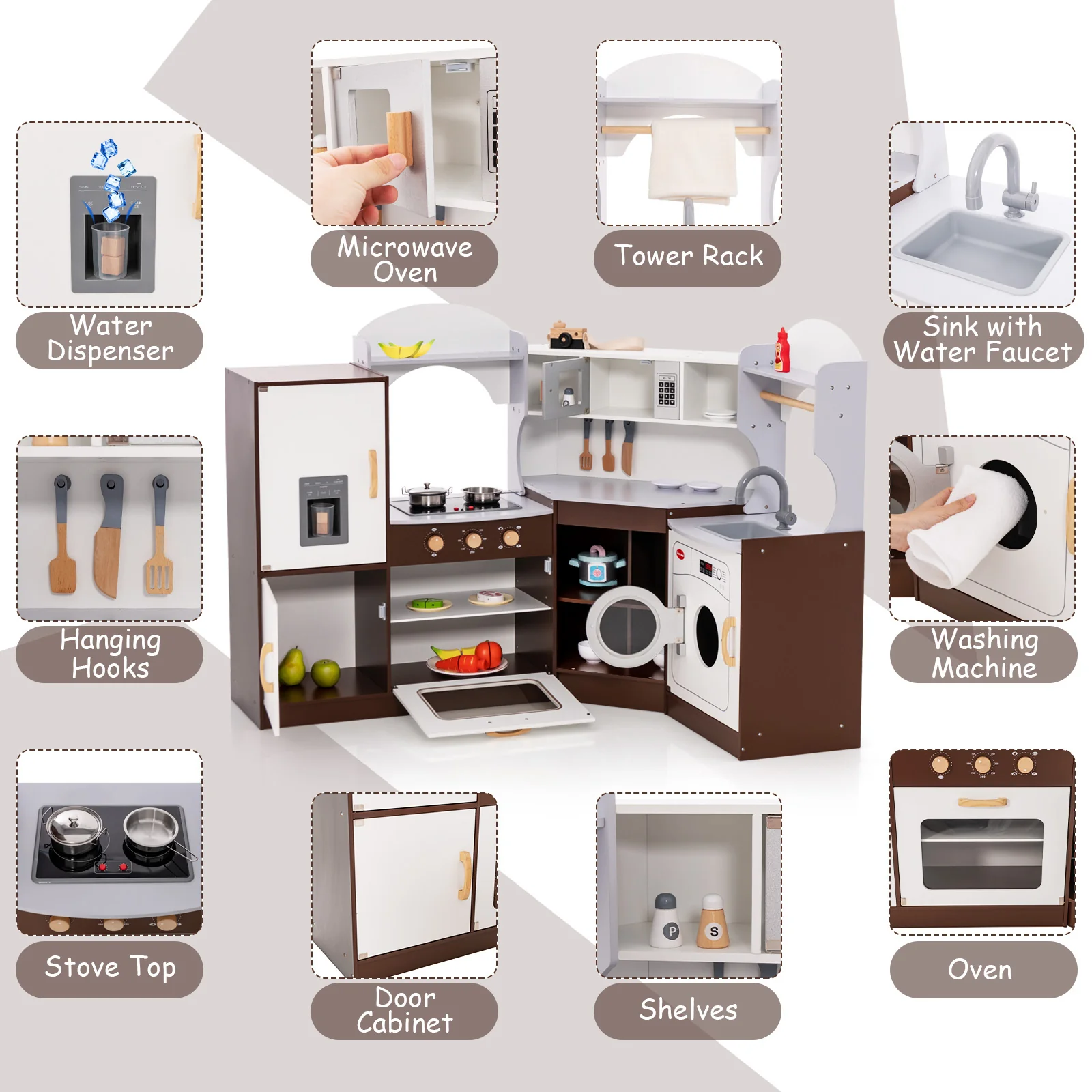 Corner Kids Play Kitchen with Washing Machine and Ice Maker Gift for Boys Girls - Image 14