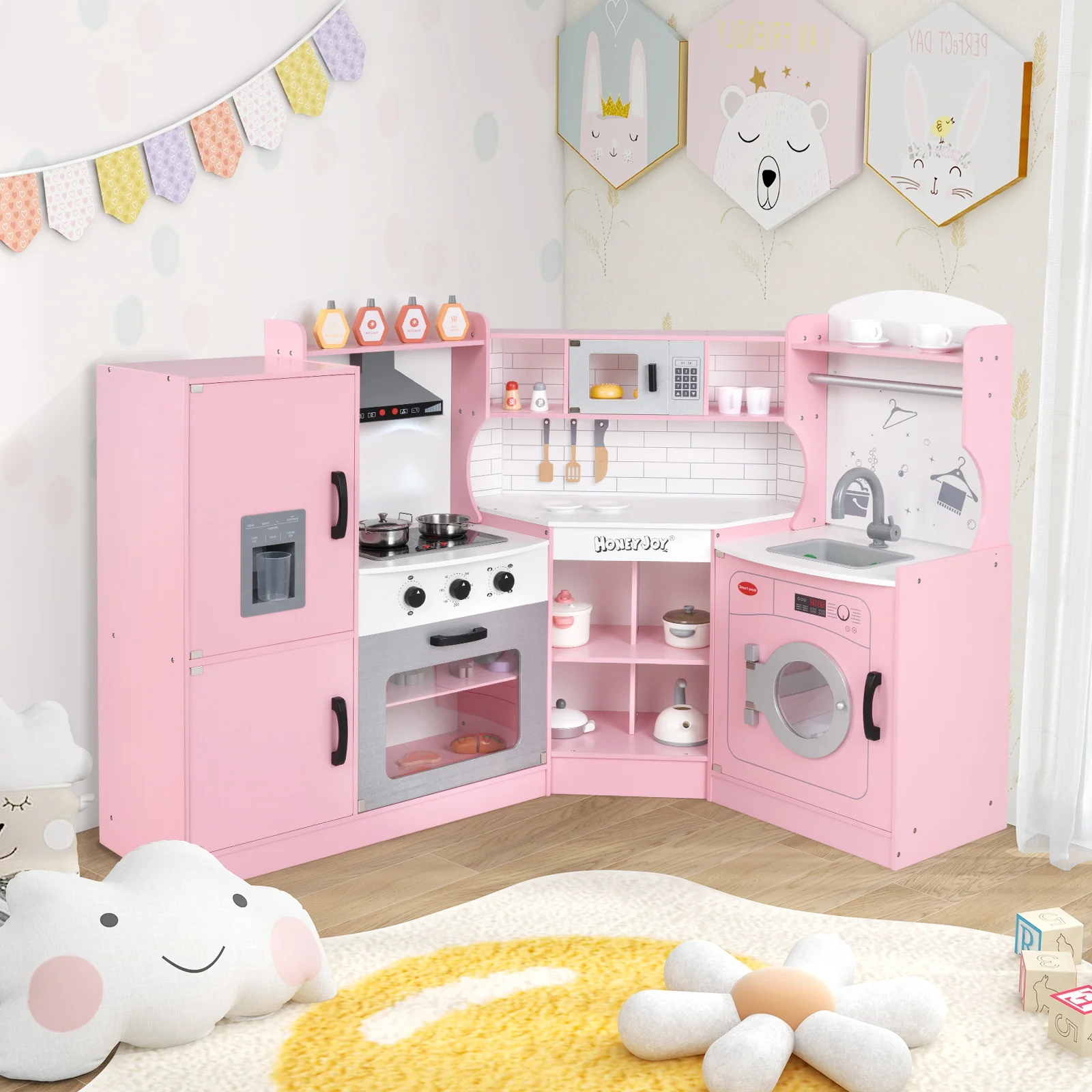 Corner Kids Play Kitchen with Washing Machine and Ice Maker Gift for Boys Girls - Image 17