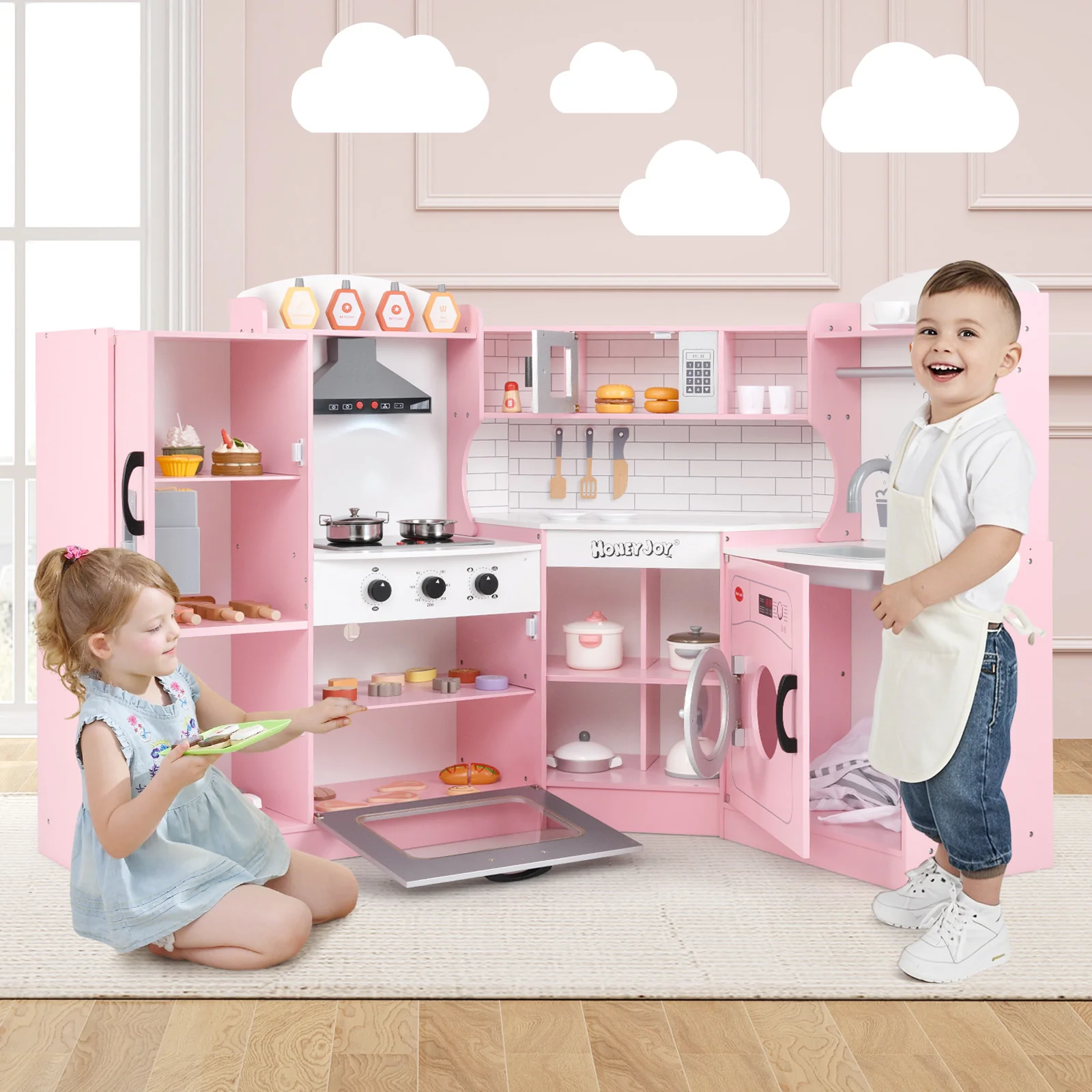 Corner Kids Play Kitchen with Washing Machine and Ice Maker Gift for Boys Girls - Image 18