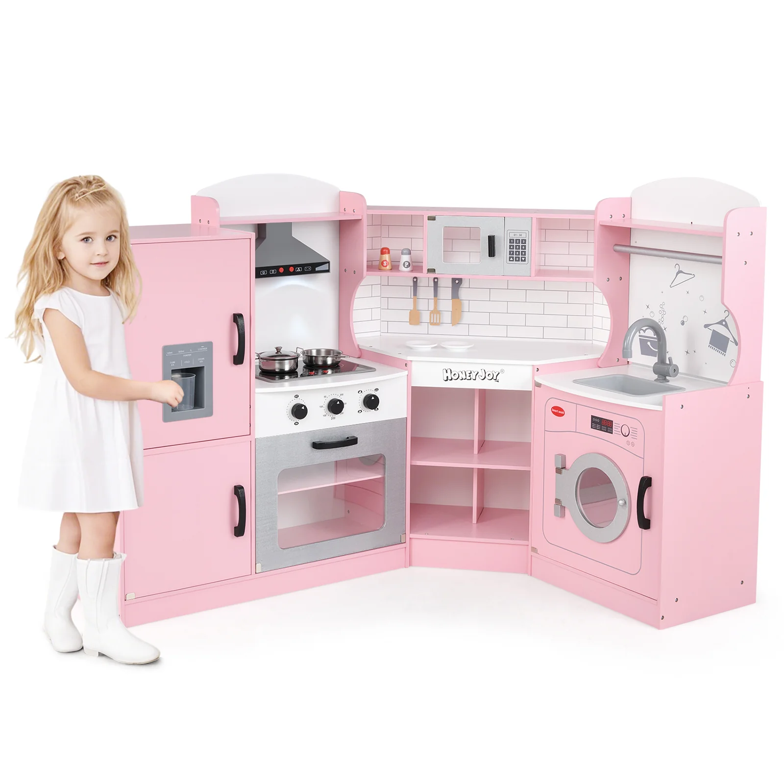Corner Kids Play Kitchen with Washing Machine and Ice Maker Gift for Boys Girls - Image 20