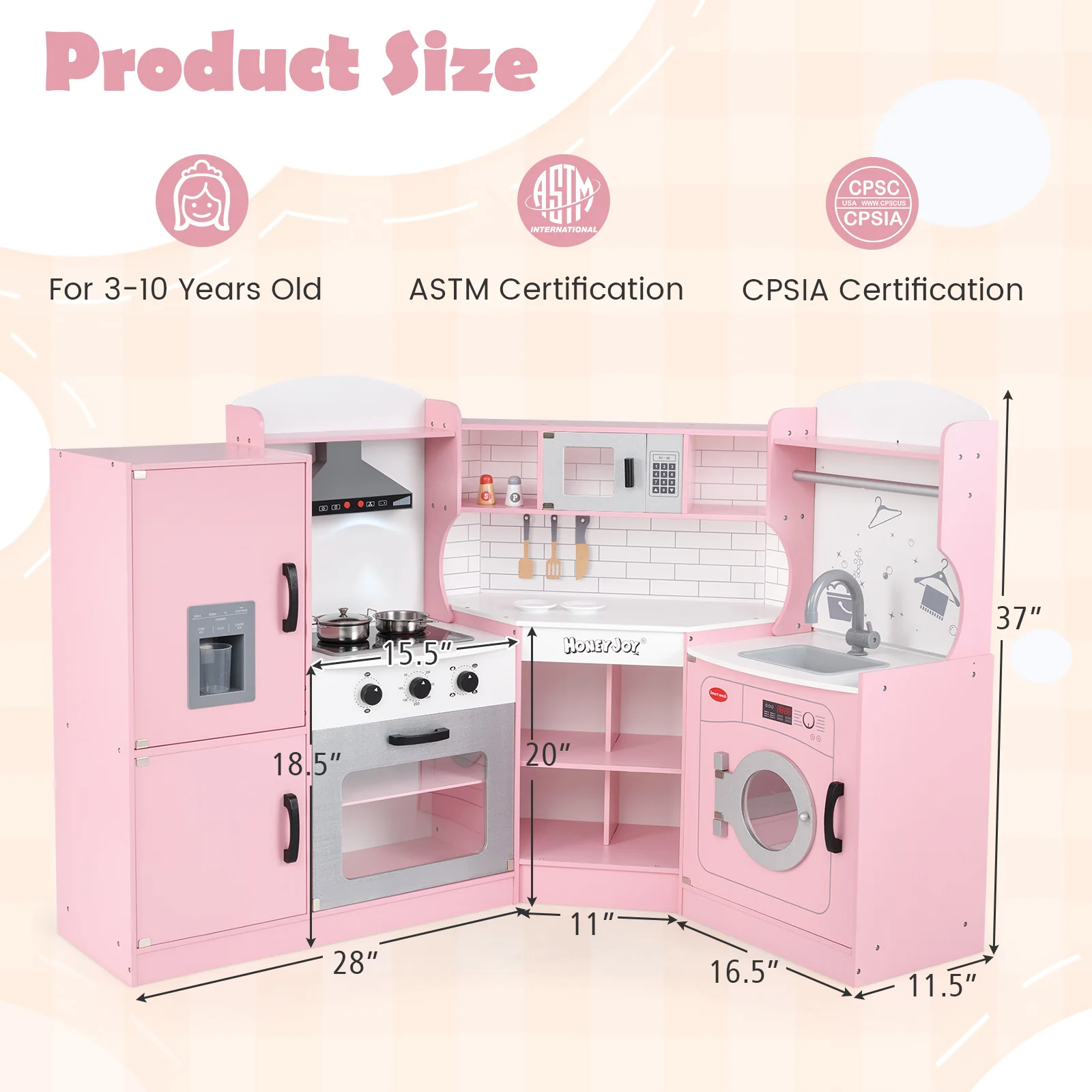 Corner Kids Play Kitchen with Washing Machine and Ice Maker Gift for Boys Girls - Image 21