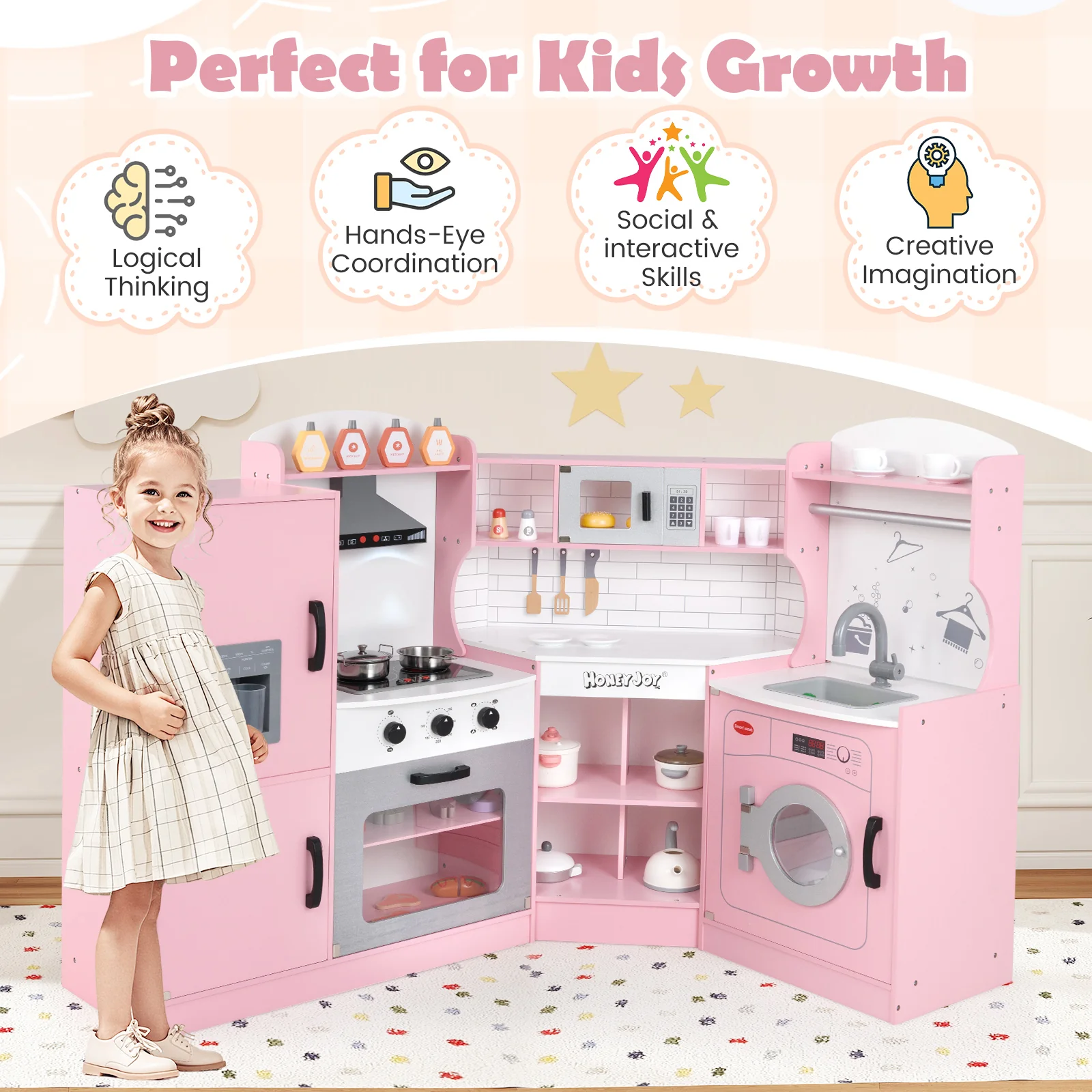 Corner Kids Play Kitchen with Washing Machine and Ice Maker Gift for Boys Girls - Image 22