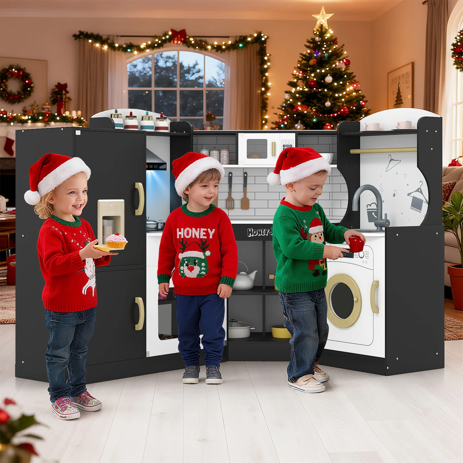 Corner Kids Play Kitchen with Washing Machine and Ice Maker Gift for Boys Girls - Image 25