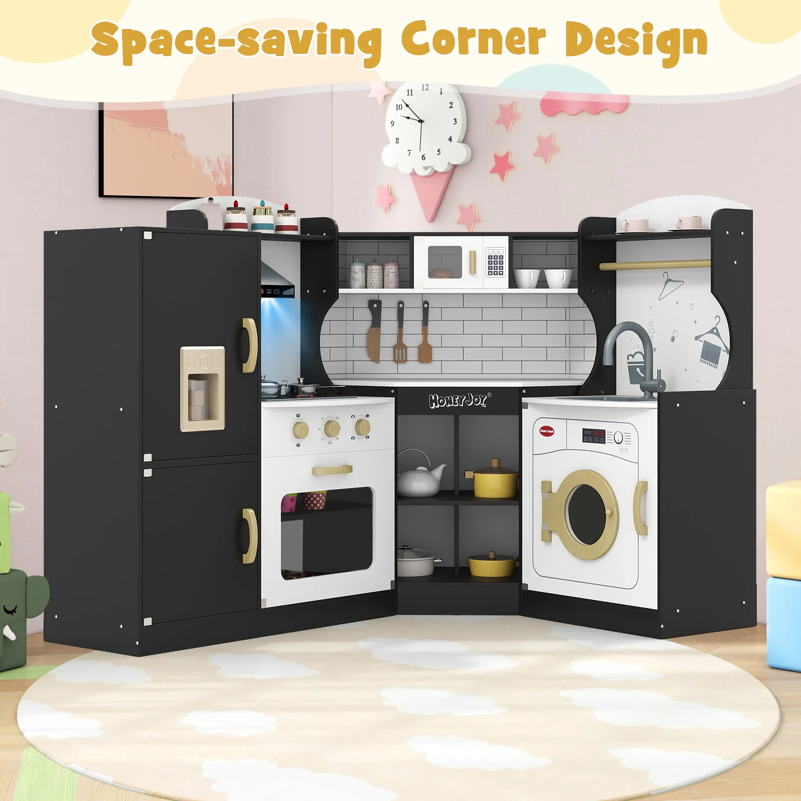 Corner Kids Play Kitchen with Washing Machine and Ice Maker Gift for Boys Girls - Image 31