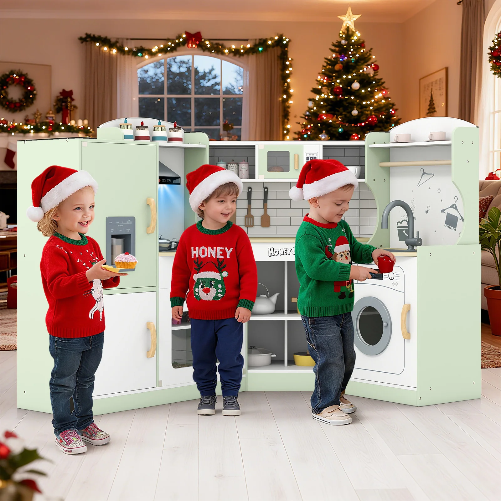 Corner Kids Play Kitchen with Washing Machine and Ice Maker Gift for Boys Girls - Image 33