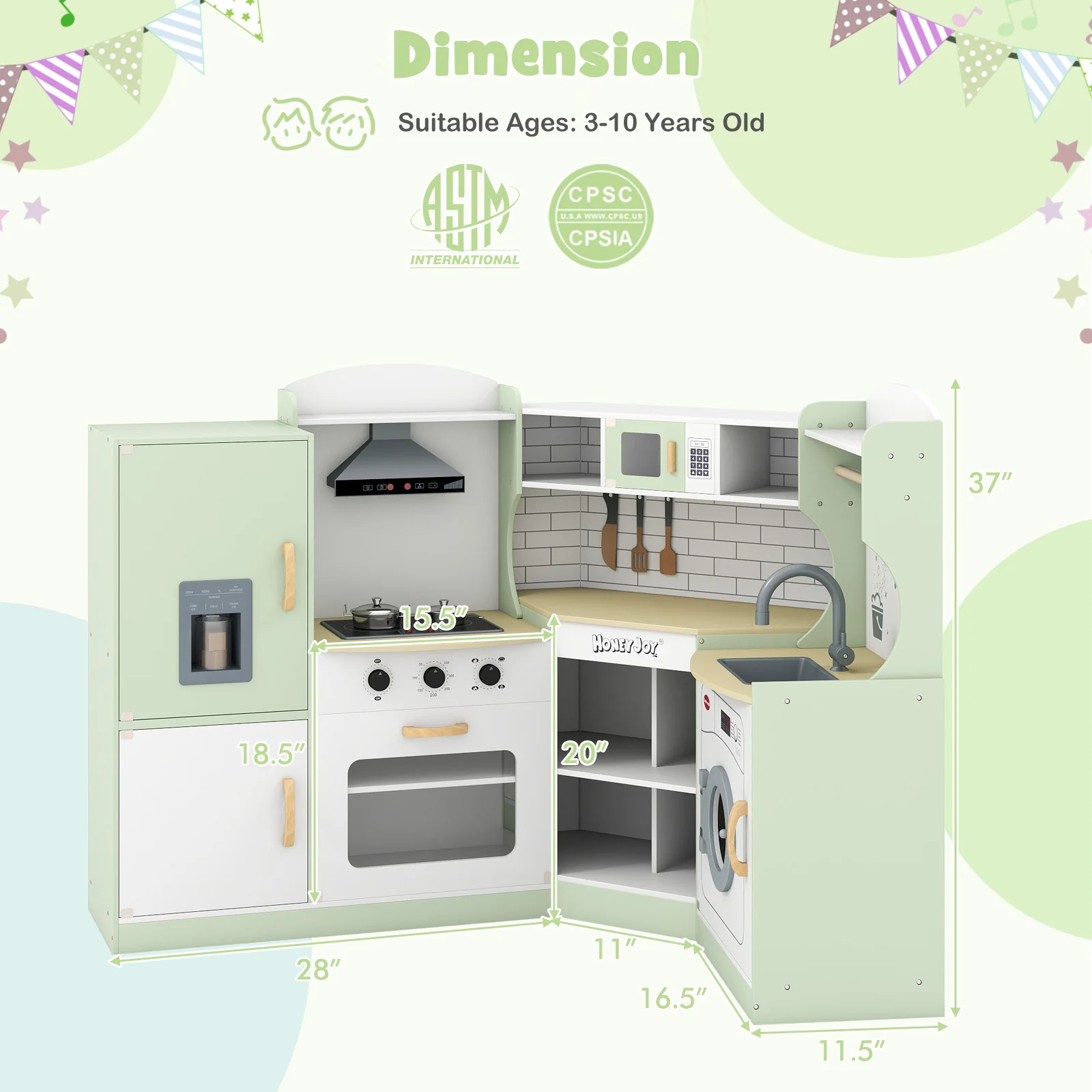 Corner Kids Play Kitchen with Washing Machine and Ice Maker Gift for Boys Girls - Image 36