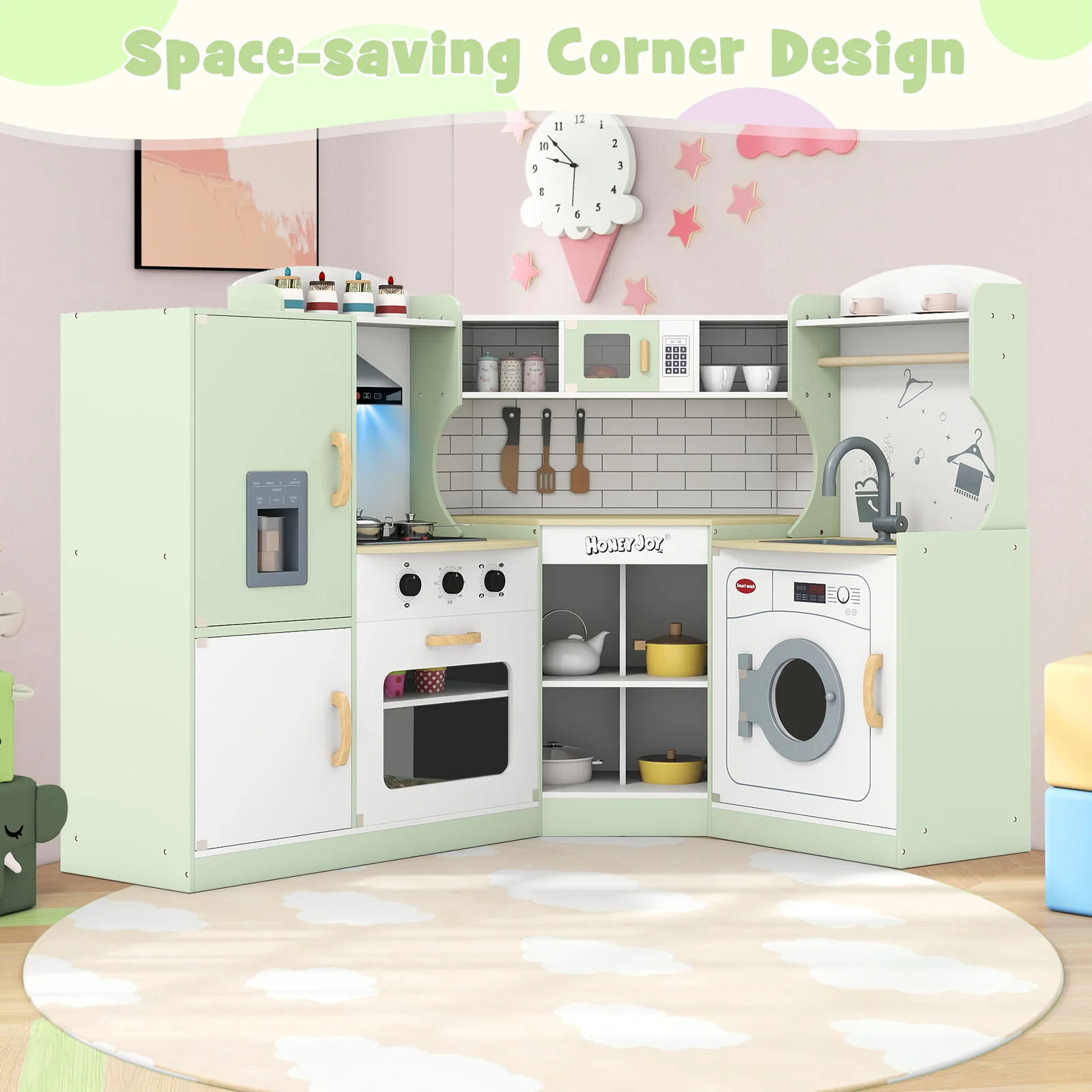 Corner Kids Play Kitchen with Washing Machine and Ice Maker Gift for Boys Girls - Image 38