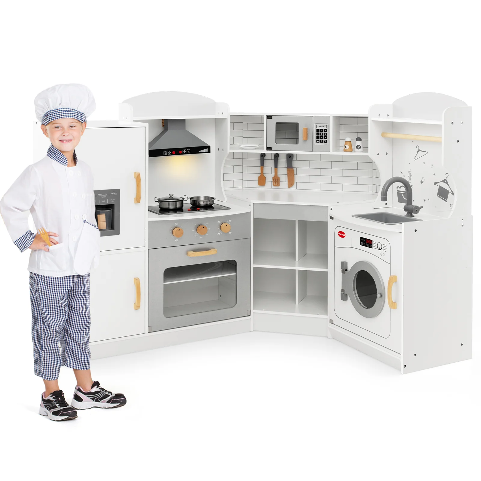 Corner Kids Play Kitchen with Washing Machine and Ice Maker Gift for Boys Girls - Image 4