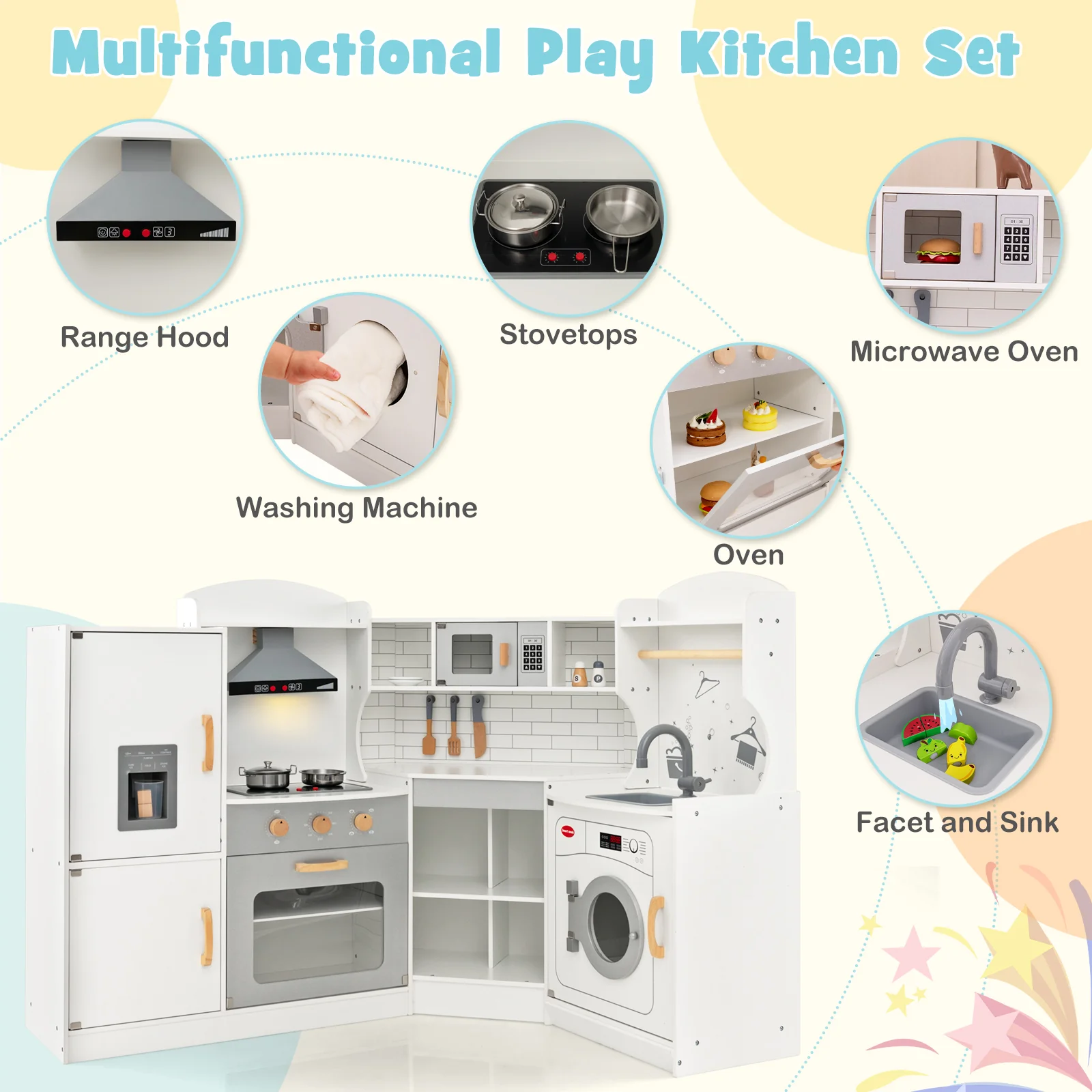 Corner Kids Play Kitchen with Washing Machine and Ice Maker Gift for Boys Girls - Image 6