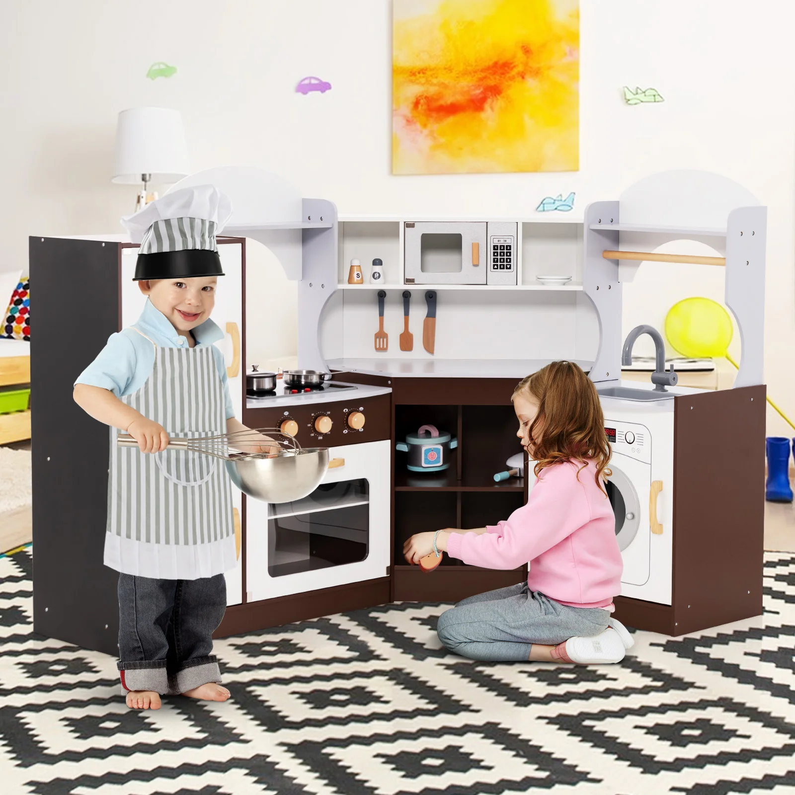Corner Kids Play Kitchen with Washing Machine and Ice Maker Gift for Boys Girls - Image 9
