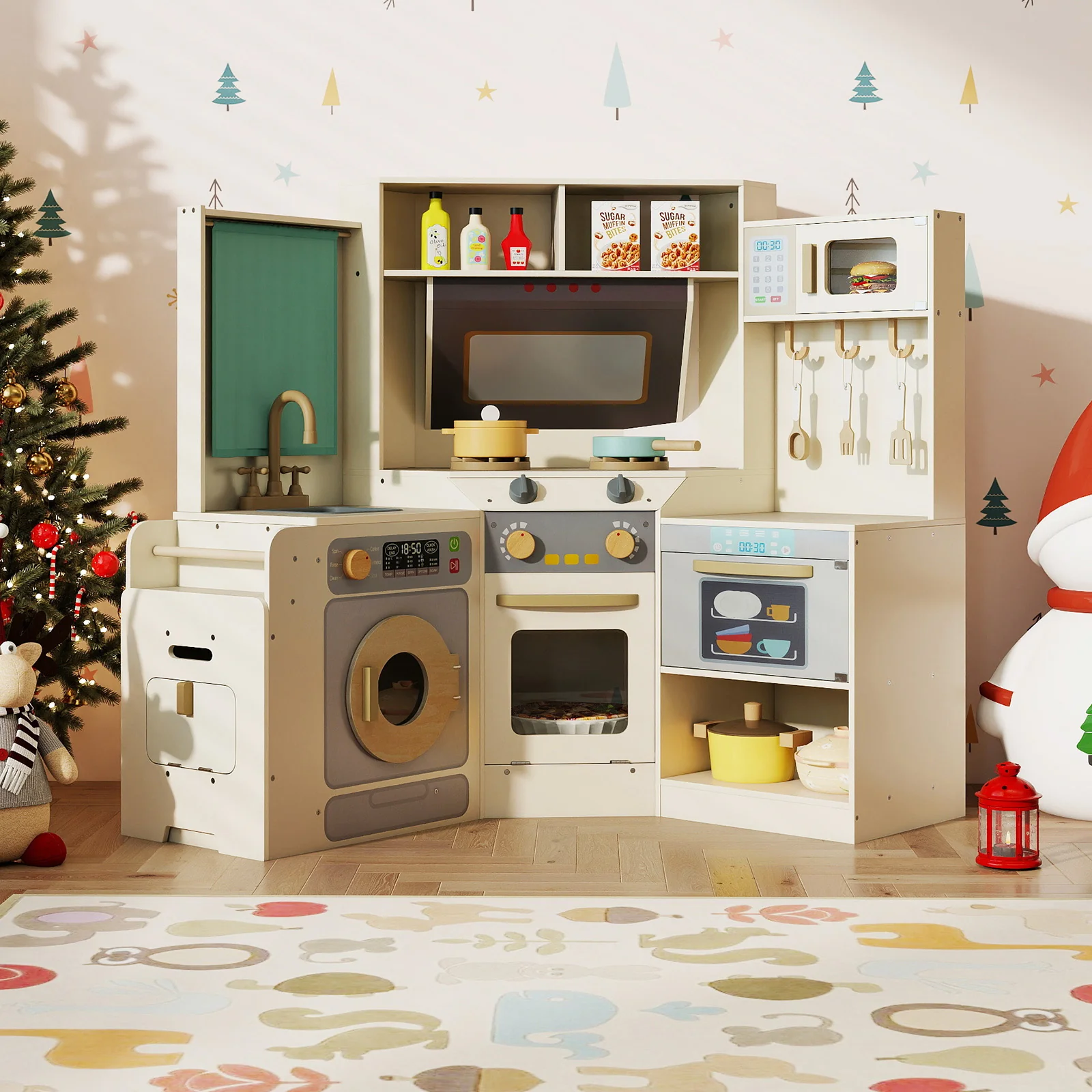 Corner Kitchen Toys with Lights and Sounds with Pull-out Trash Can and Stoves