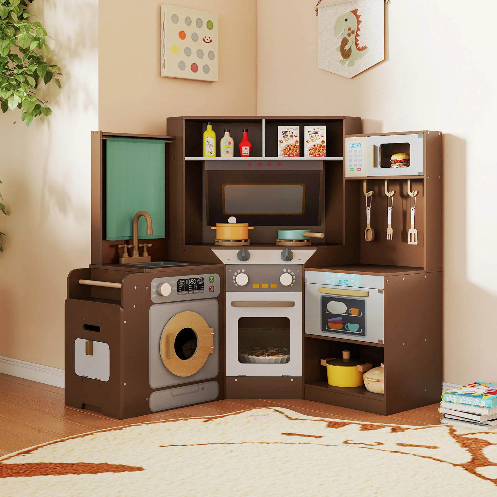 Corner Kitchen Toys with Lights and Sounds with Pull-out Trash Can and Stoves - Image 10