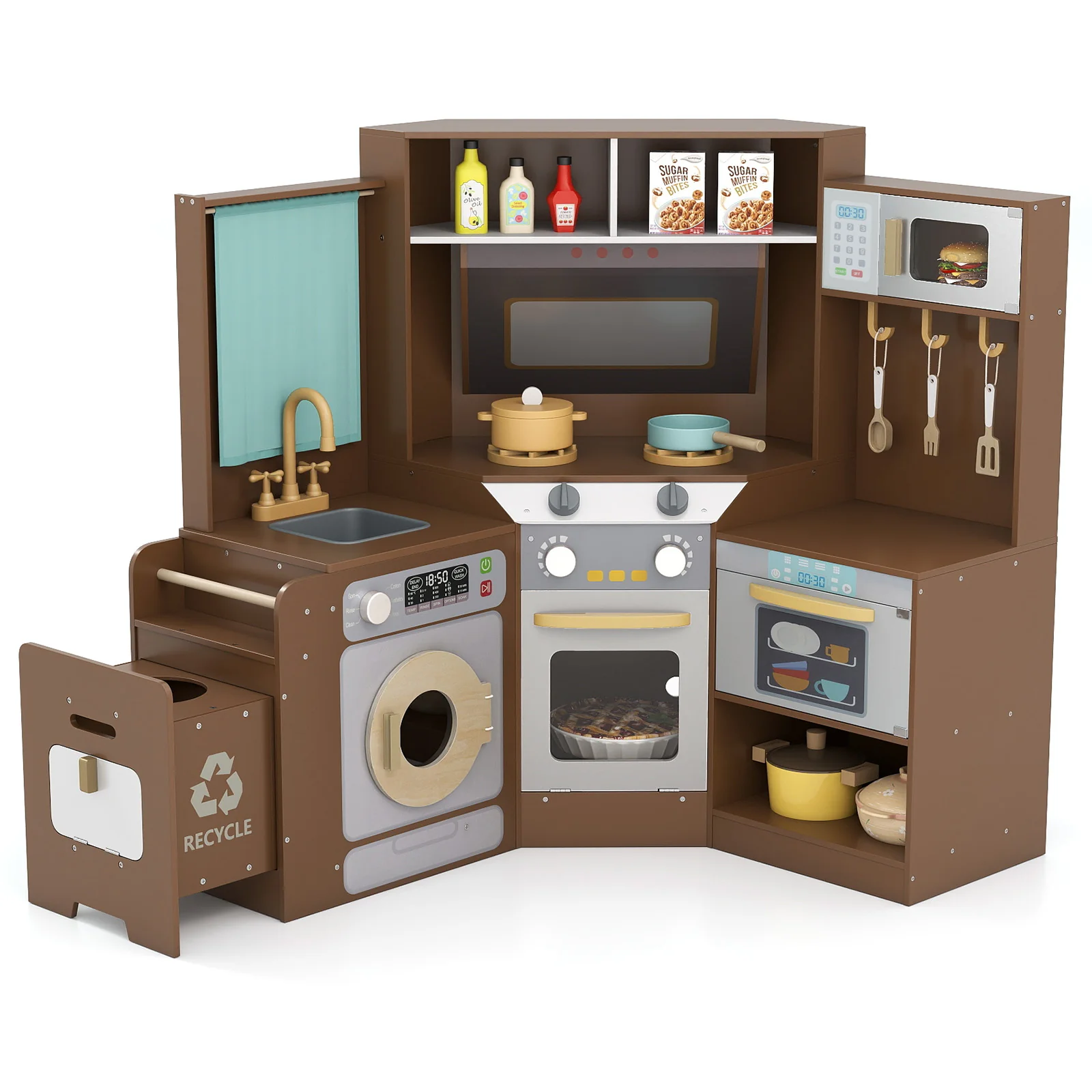 Corner Kitchen Toys with Lights and Sounds with Pull-out Trash Can and Stoves - Image 11